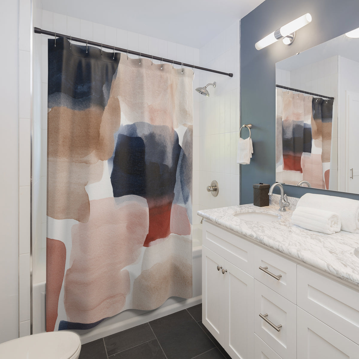Navy Blush Modern Color Block Shower Curtain, Bath Curtain
