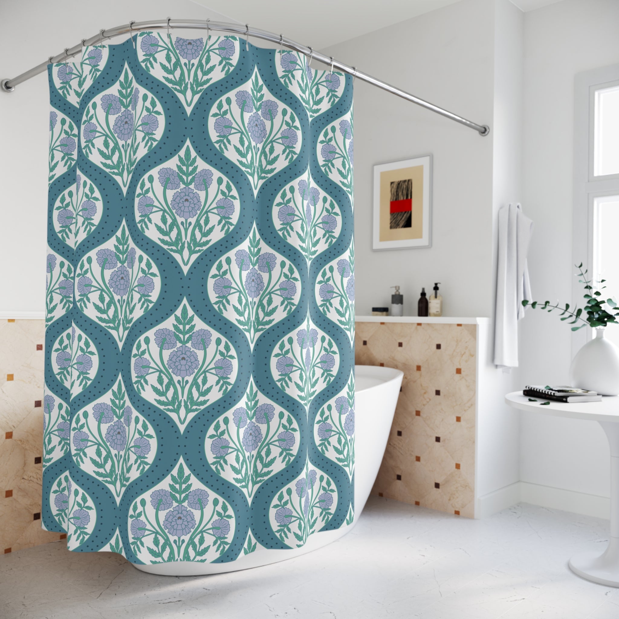 Boho Shower Curtain | Vintage Floral Blue Green Pattern