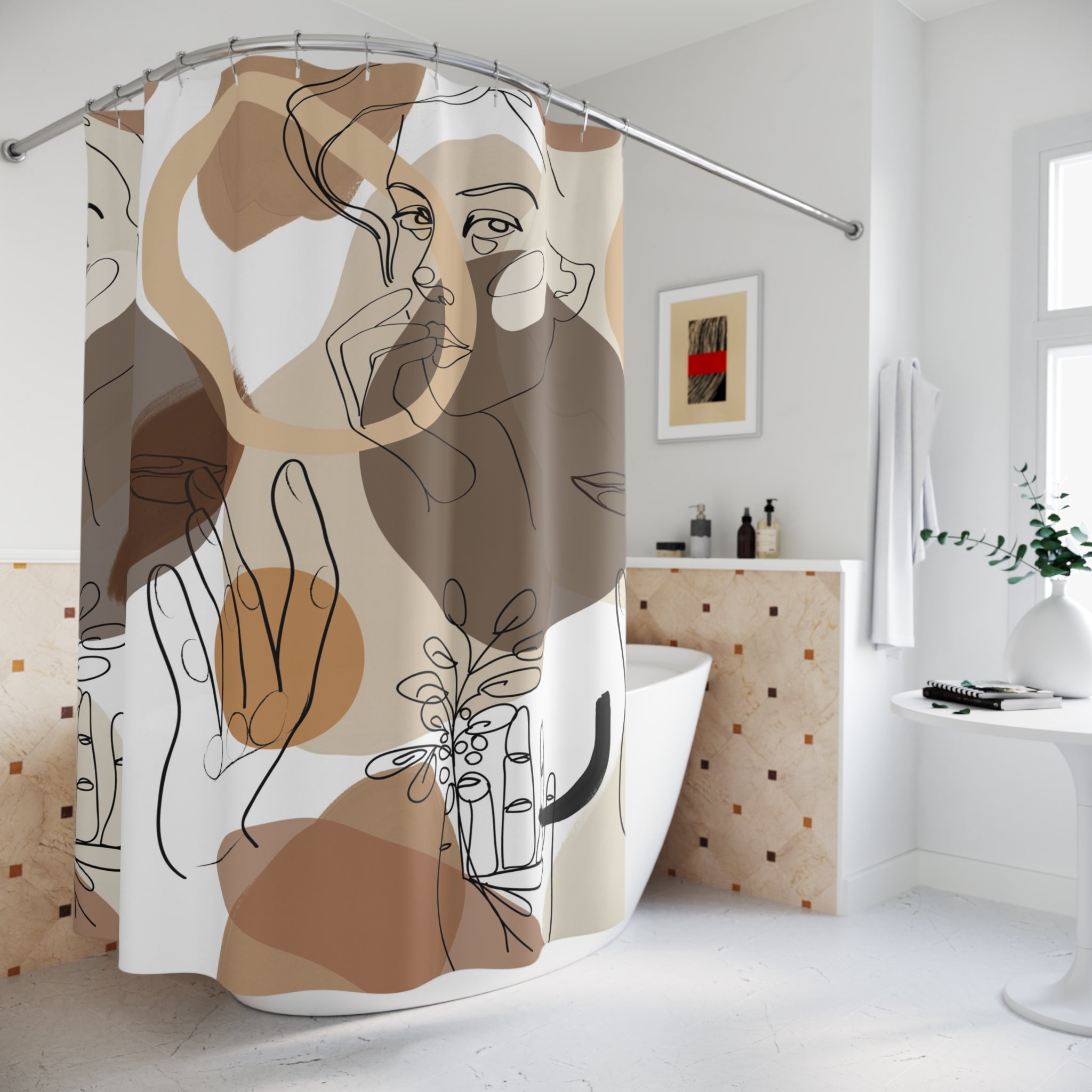 Boho Shower Curtain | Neutral Earthy Line Art