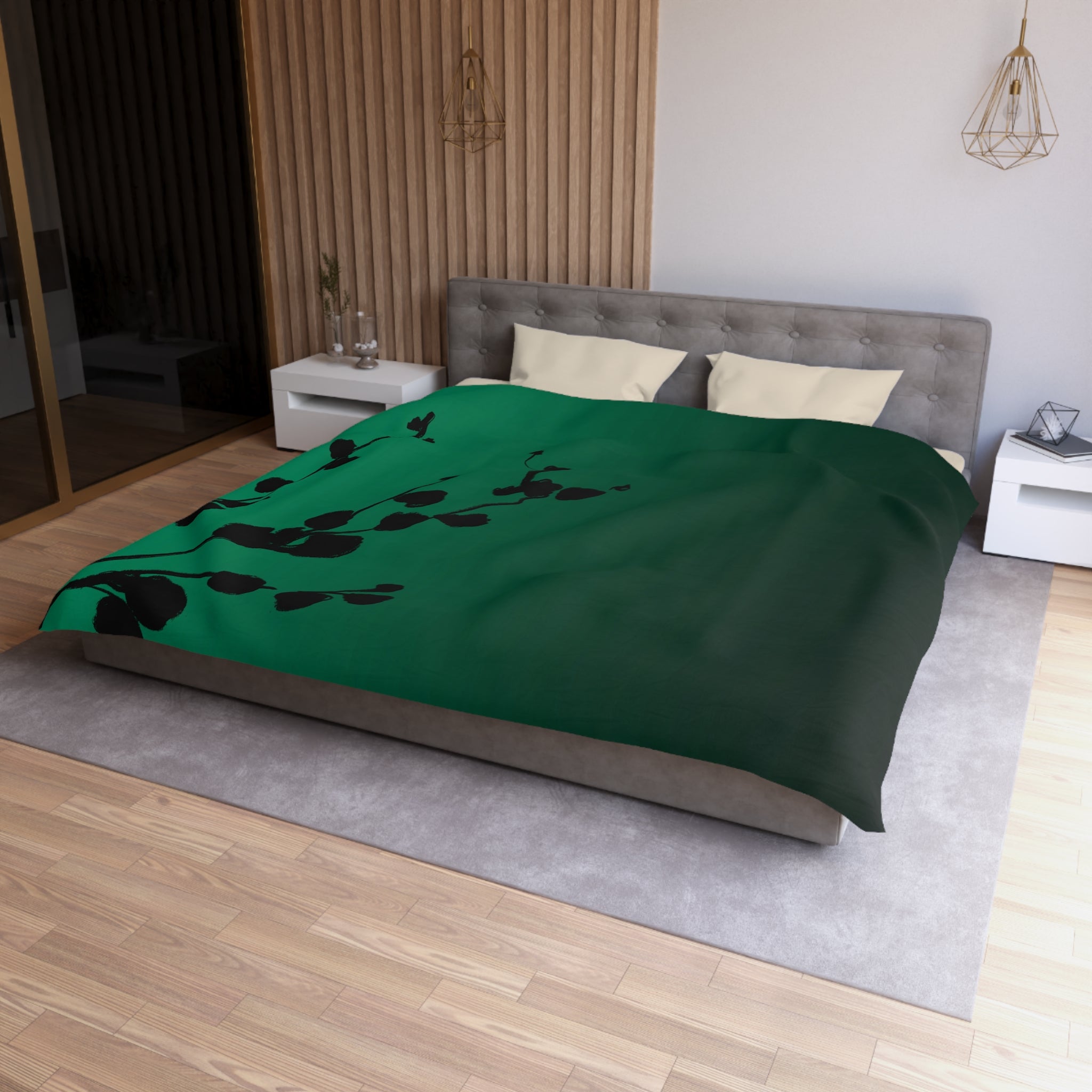 Abstract Duvet Cover | Green Ombre, Black leaves | Bedroom Decor