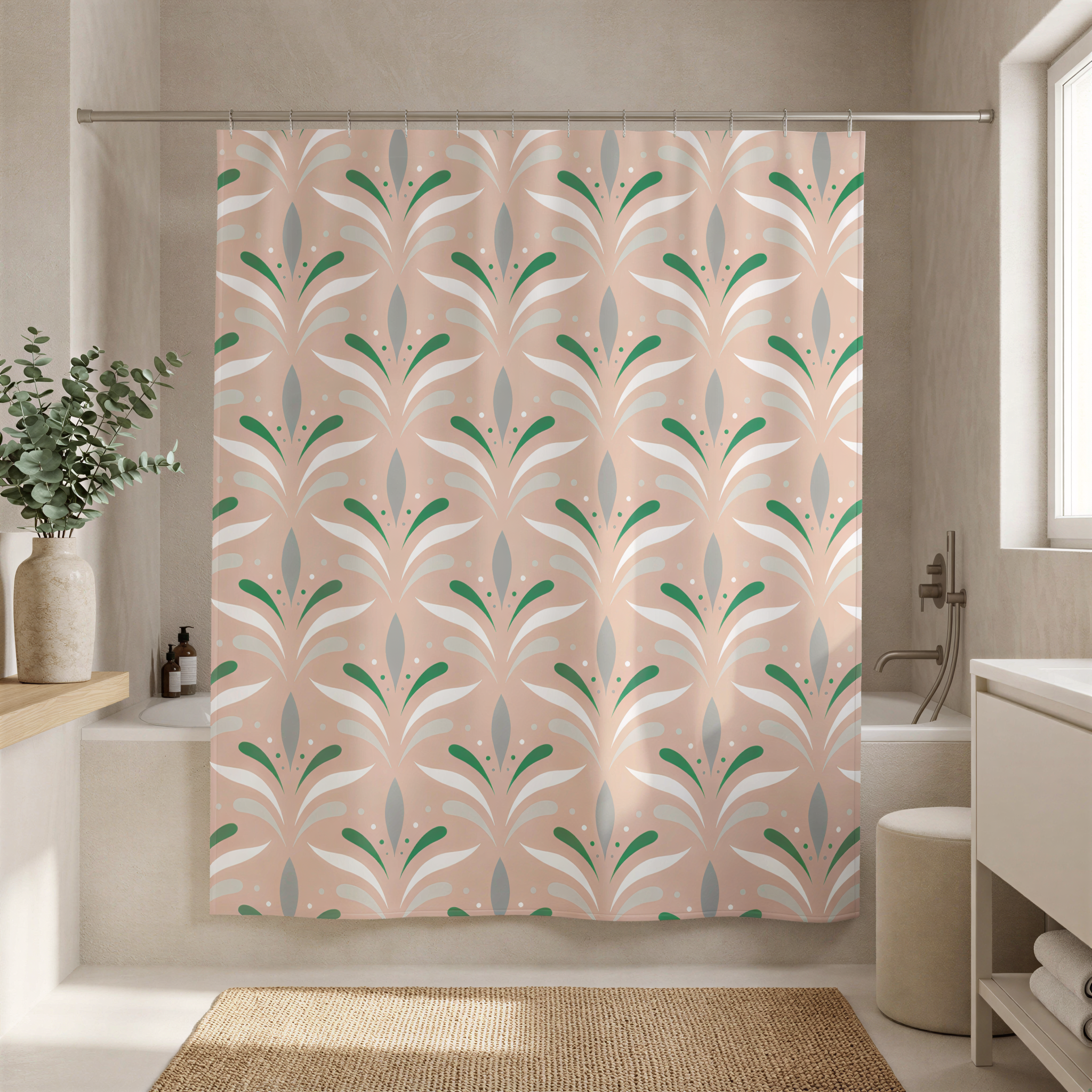 a bathroom with a shower curtain adorned with a repeating pattern of green and white flowers. The shower curtain is hanging from a rod, and there is a vase of greenery placed on a shelf next to it. The bathroom has a neutral color scheme, with a beige rug on the floor and a white sink visible in the background.
