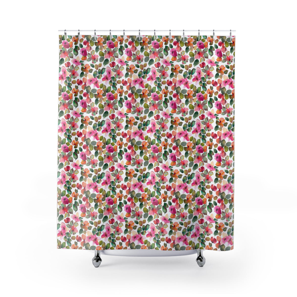 a shower curtain with a floral pattern of pink, green, and orange flowers.