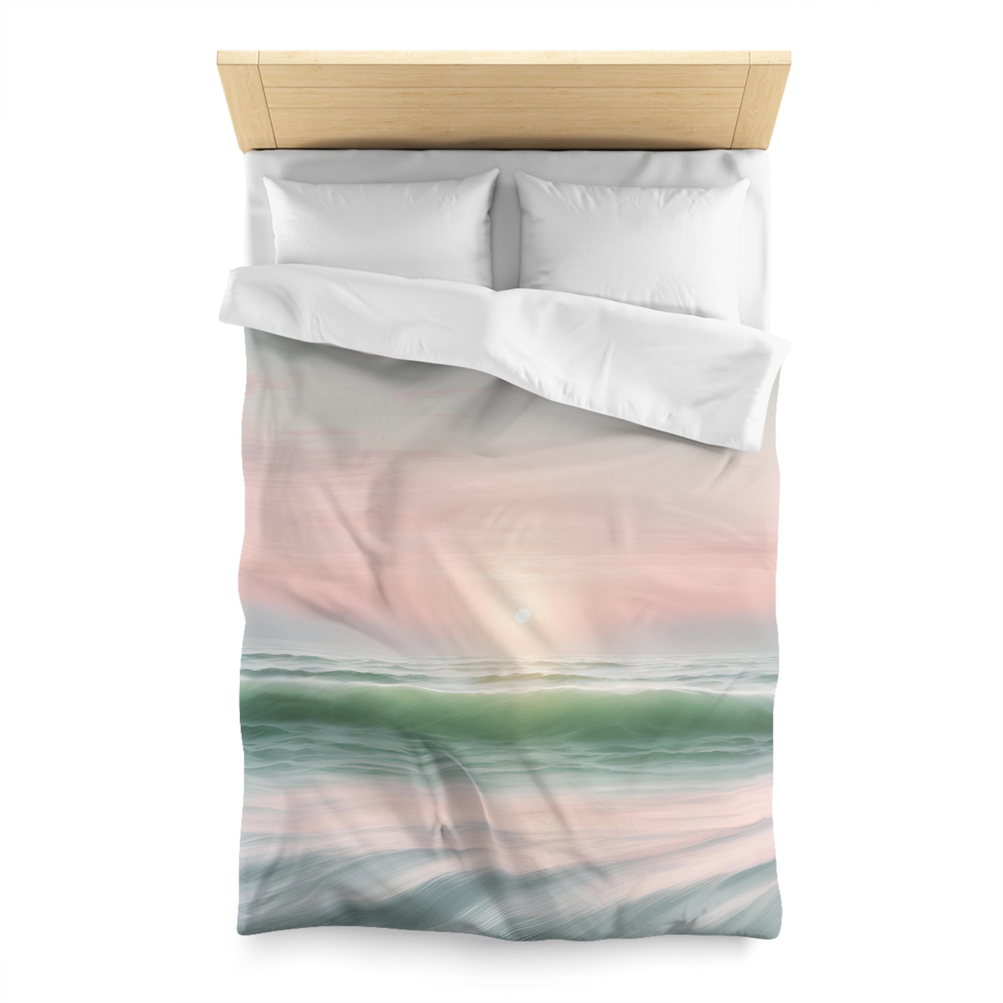 a serene ocean scene with a sunset over the water.