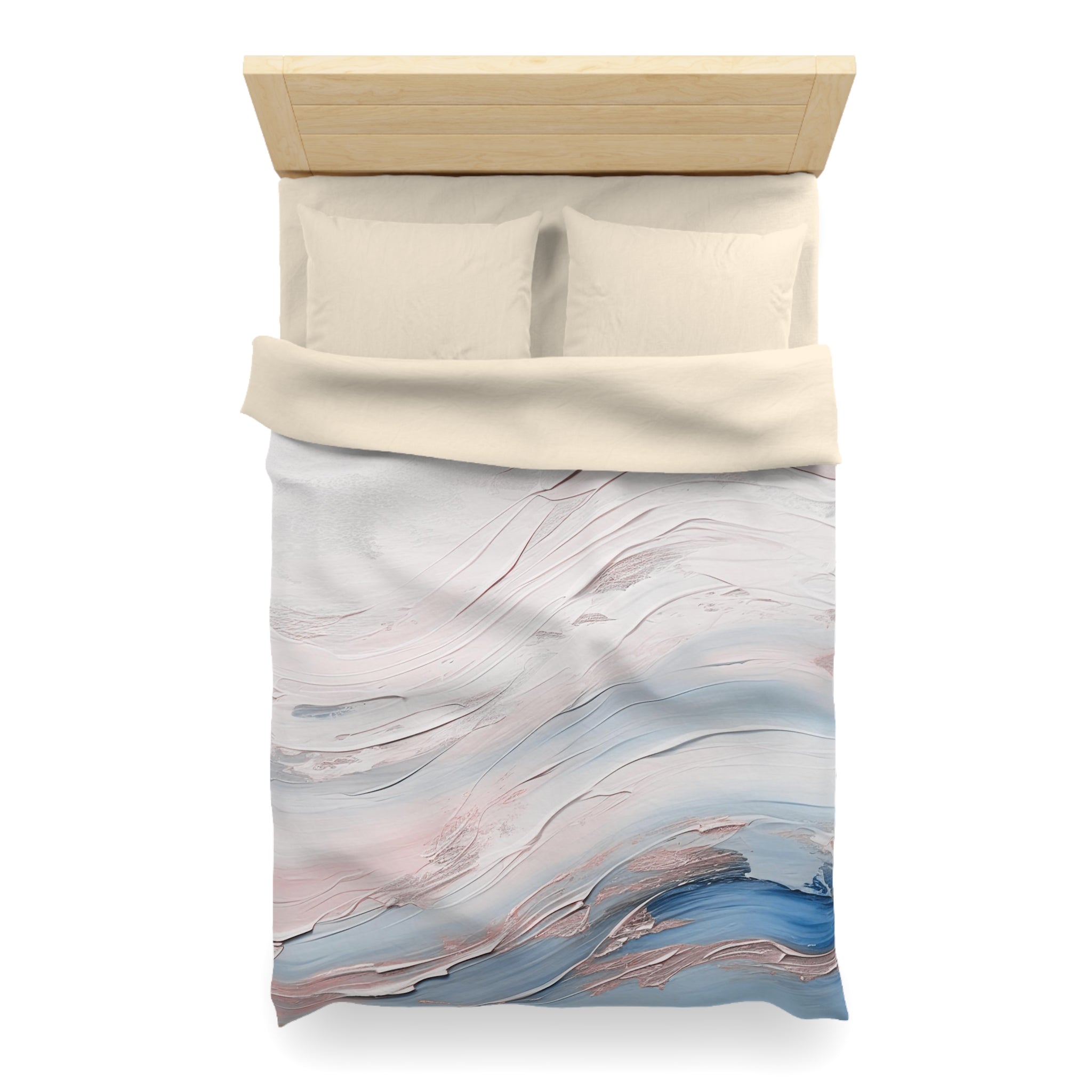 a neatly made bed with a white comforter and pillows. The bed has a wooden headboard and a colorful abstract pattern on the comforter.