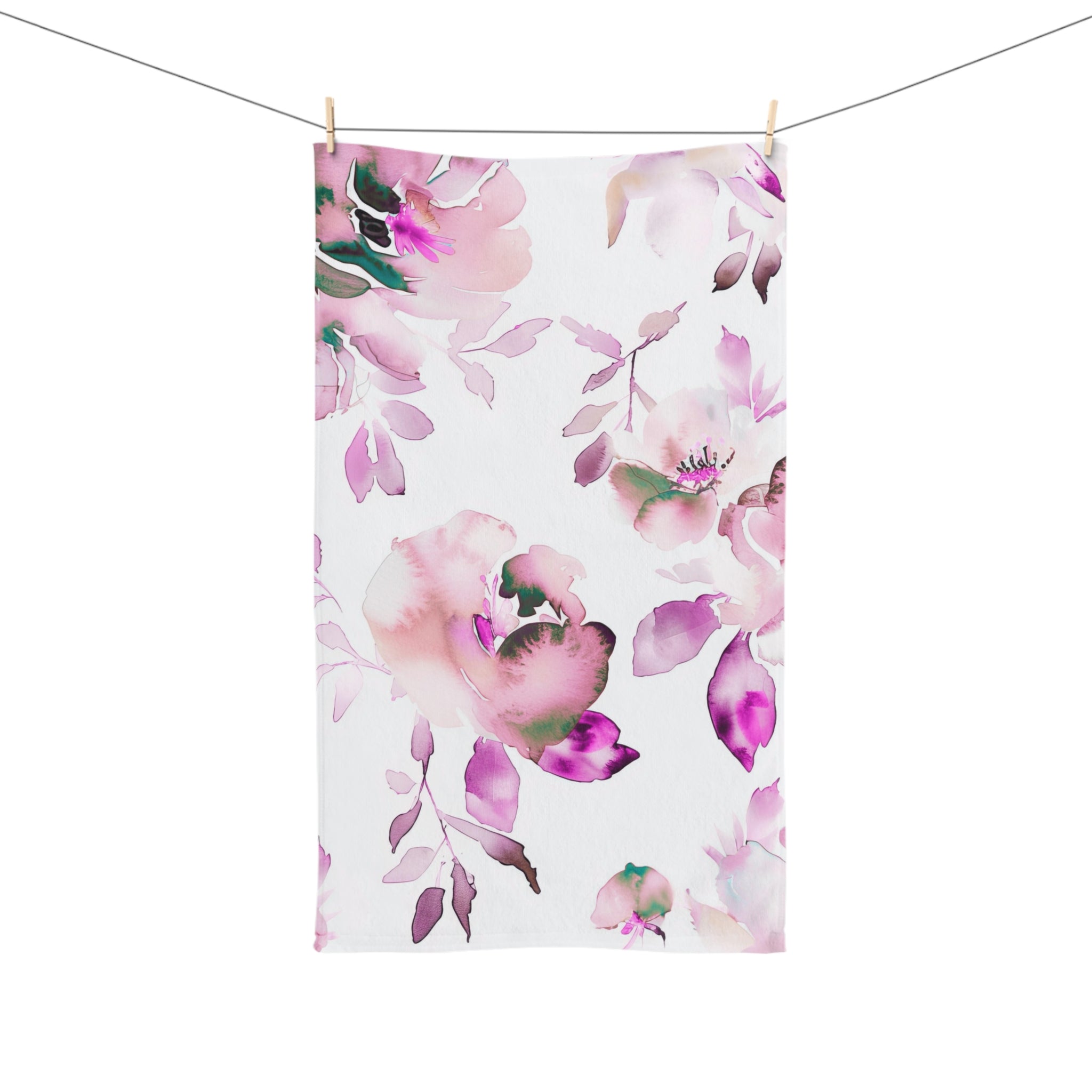 Floral Kitchen, Bath Hand Towel | White Pink, Watercolor Towel