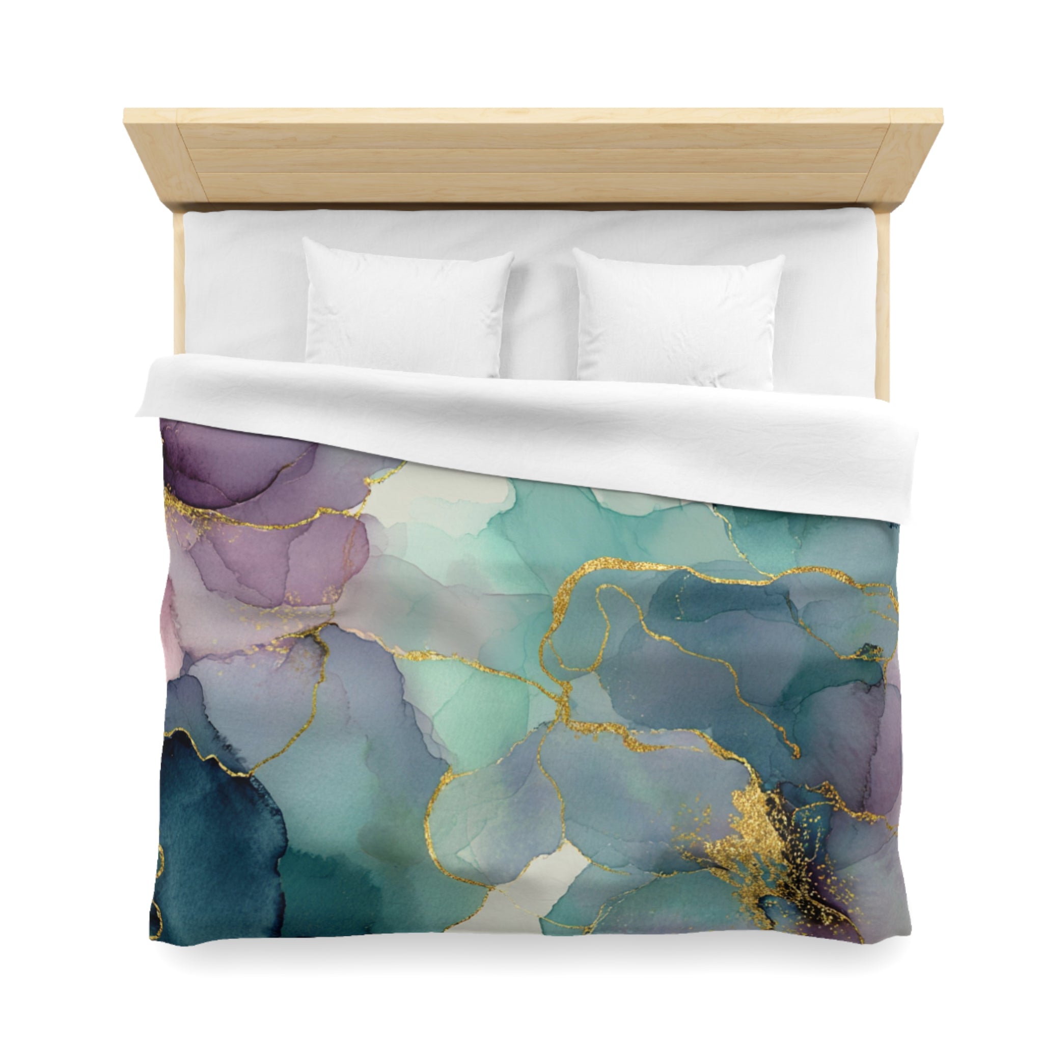a bed with a colorful, abstract duvet cover featuring a marble-like pattern in shades of blue, purple, and green, with gold accents.