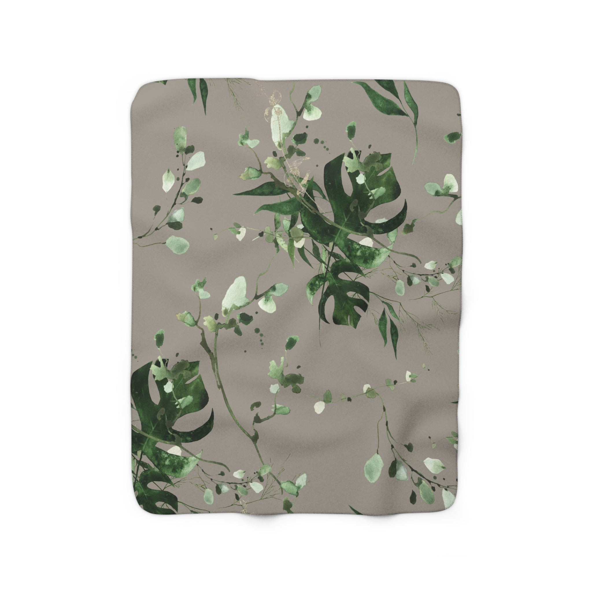 Floral Boho Comfy Blanket | Taupe Gray, Green Monstera Leaves