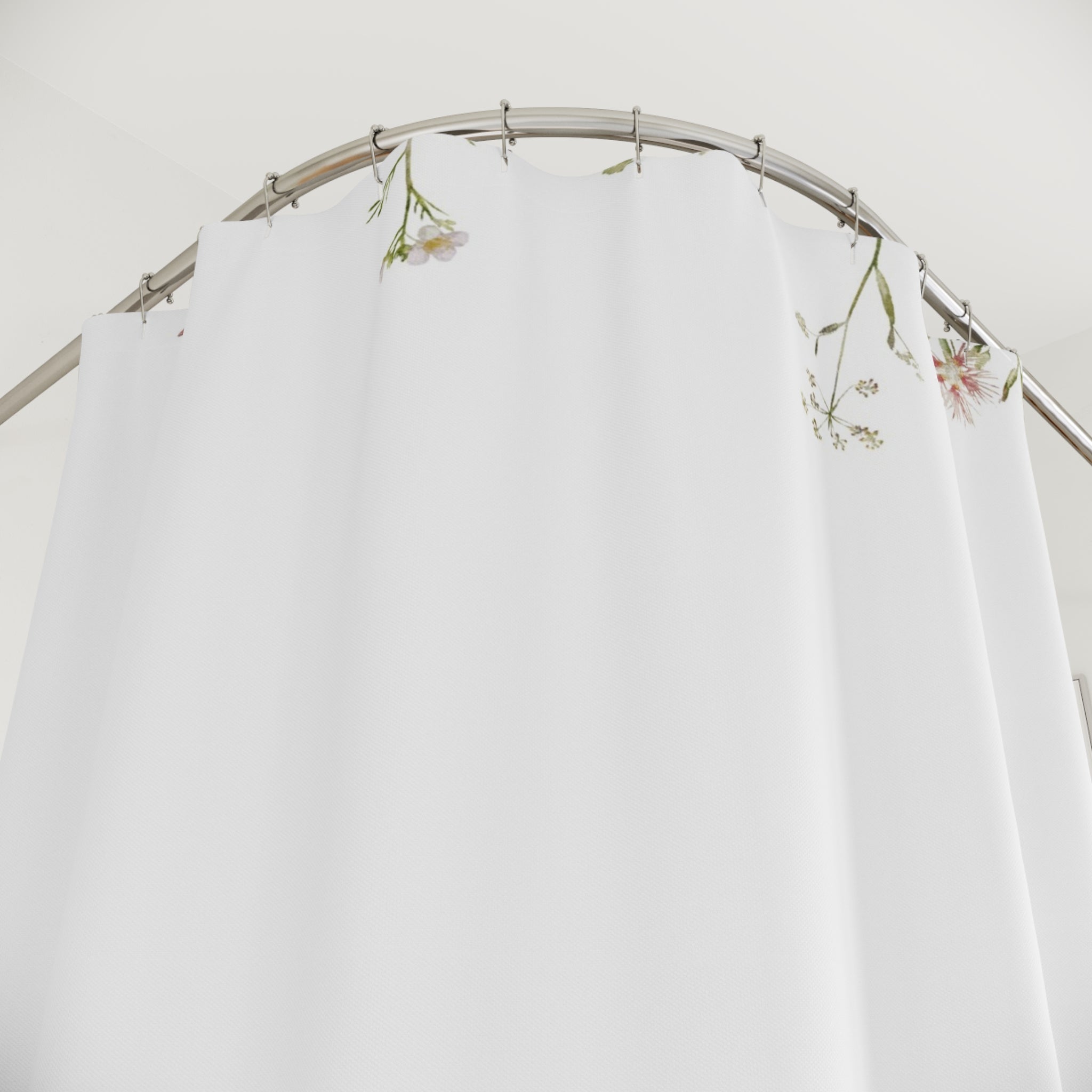 White Shower Curtain | Floral, Sage Green Leaves