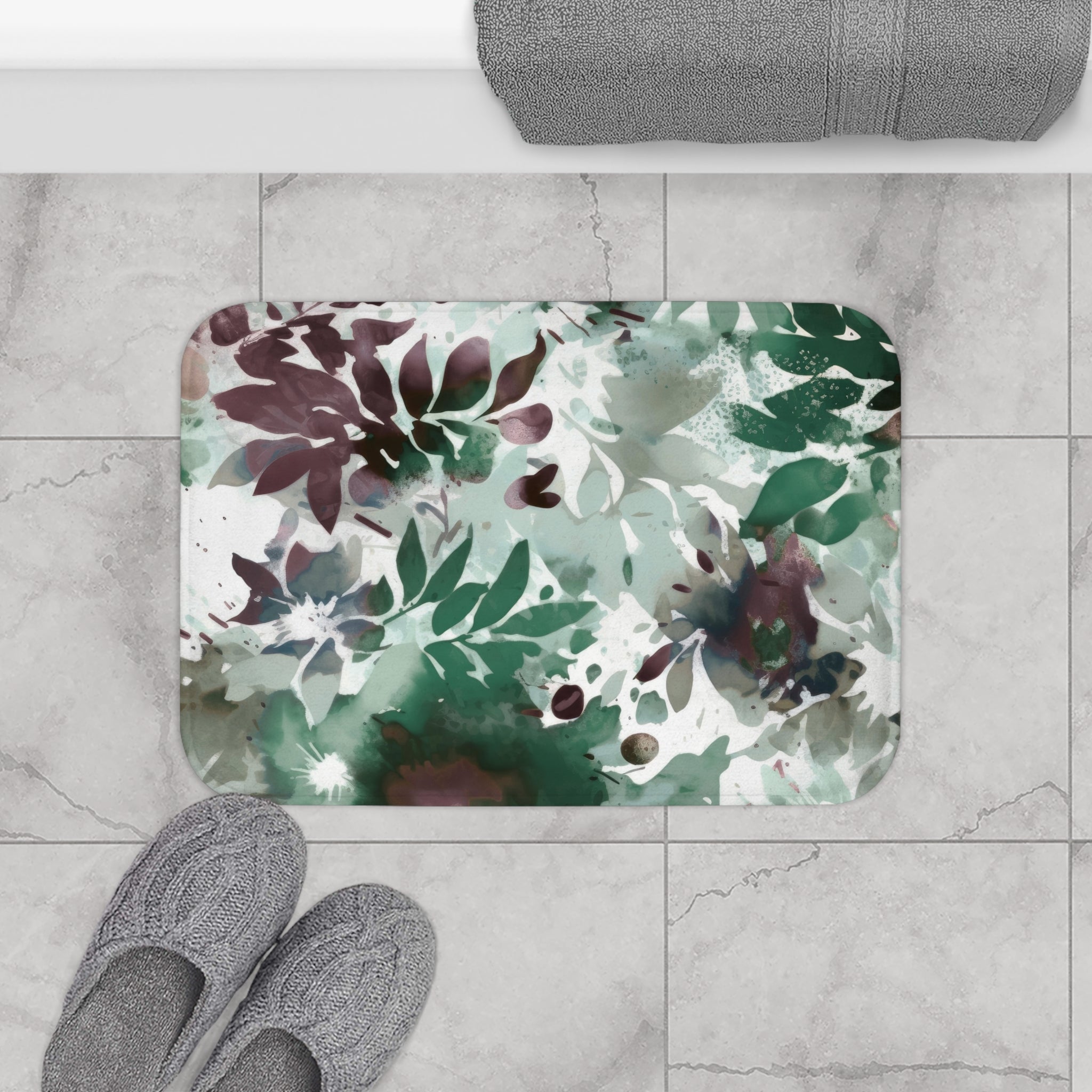 Abstract Bath Mat | Sage Green White Mauve Leaves, Colorful Floral Kitchen Mat