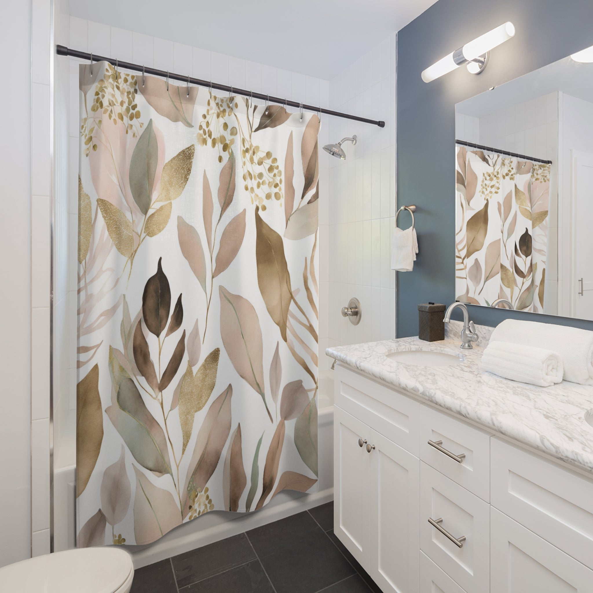 Abstract Shower Curtain | Floral Earthy Neutral Beige White Leaves