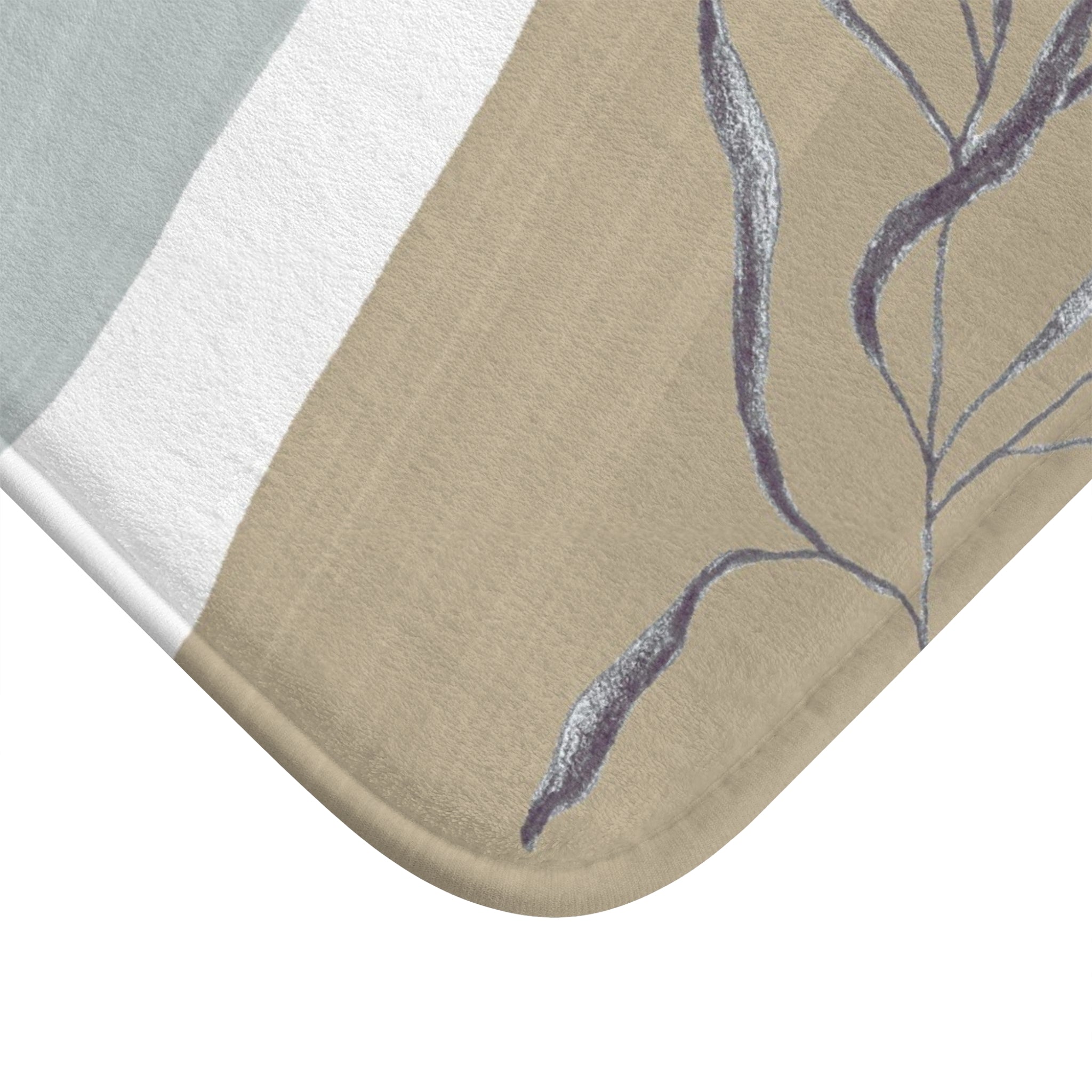 Abstract Boho Bath Mat | Modern Organic, Beige Blue Grey leaf