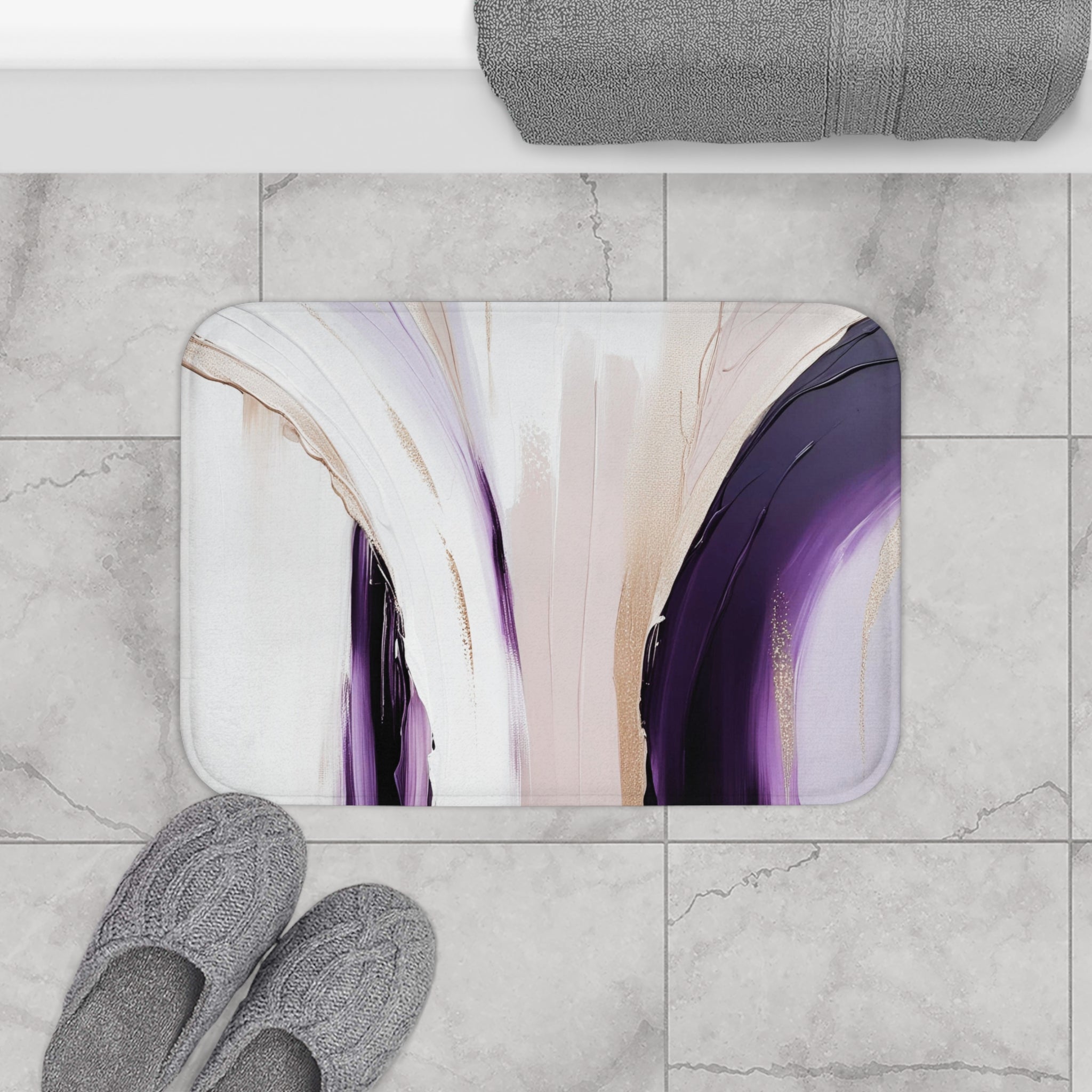 Boho Bath Mat | Purple Gold Beige White Abstract Kitchen Mat