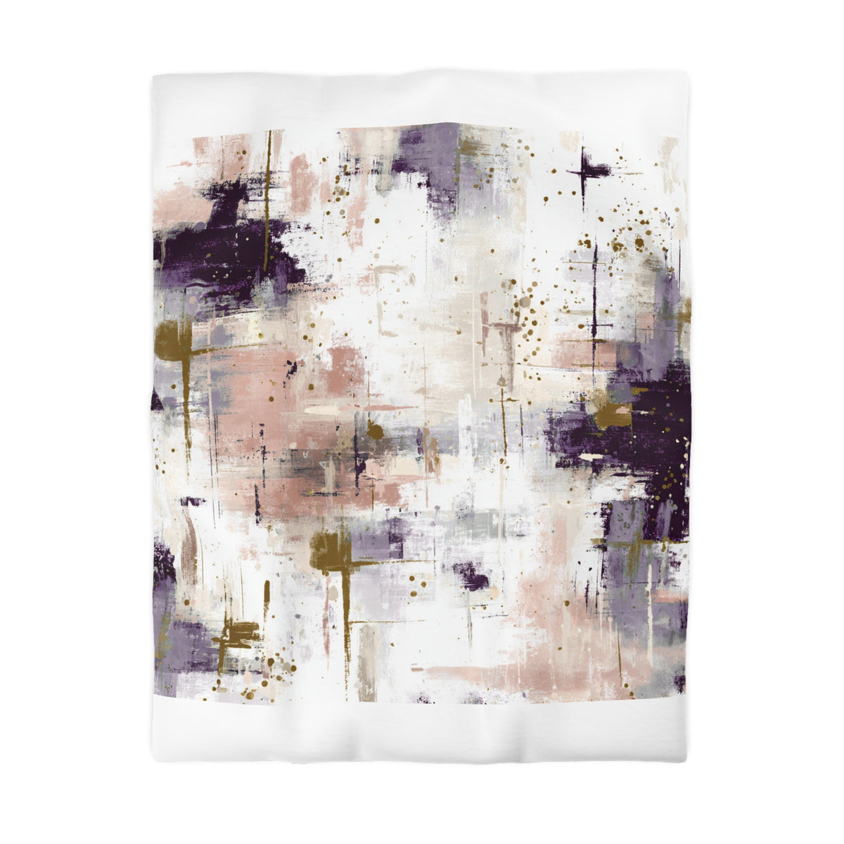 The image is an abstract painting with a mix of purple, pink, and white colors, along with splashes of gold and black. The painting has a textured and expressive appearance, with brushstrokes and splatters creating a dynamic and visually interesting composition.