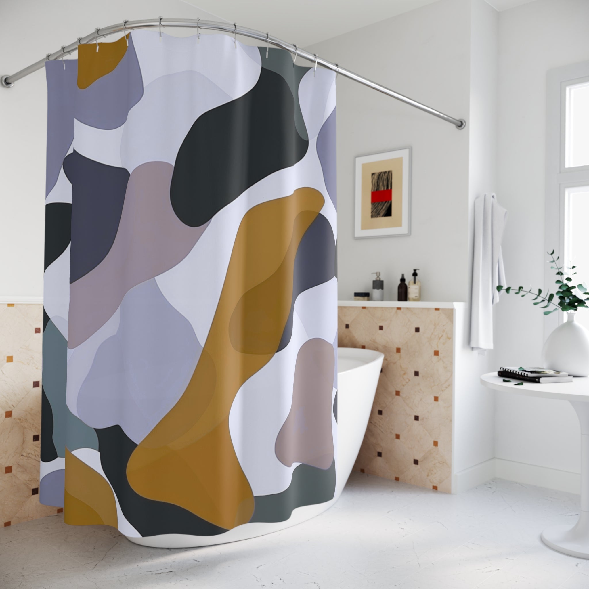 Abstract Shower Curtain | Camouflage Blue Camel Beige