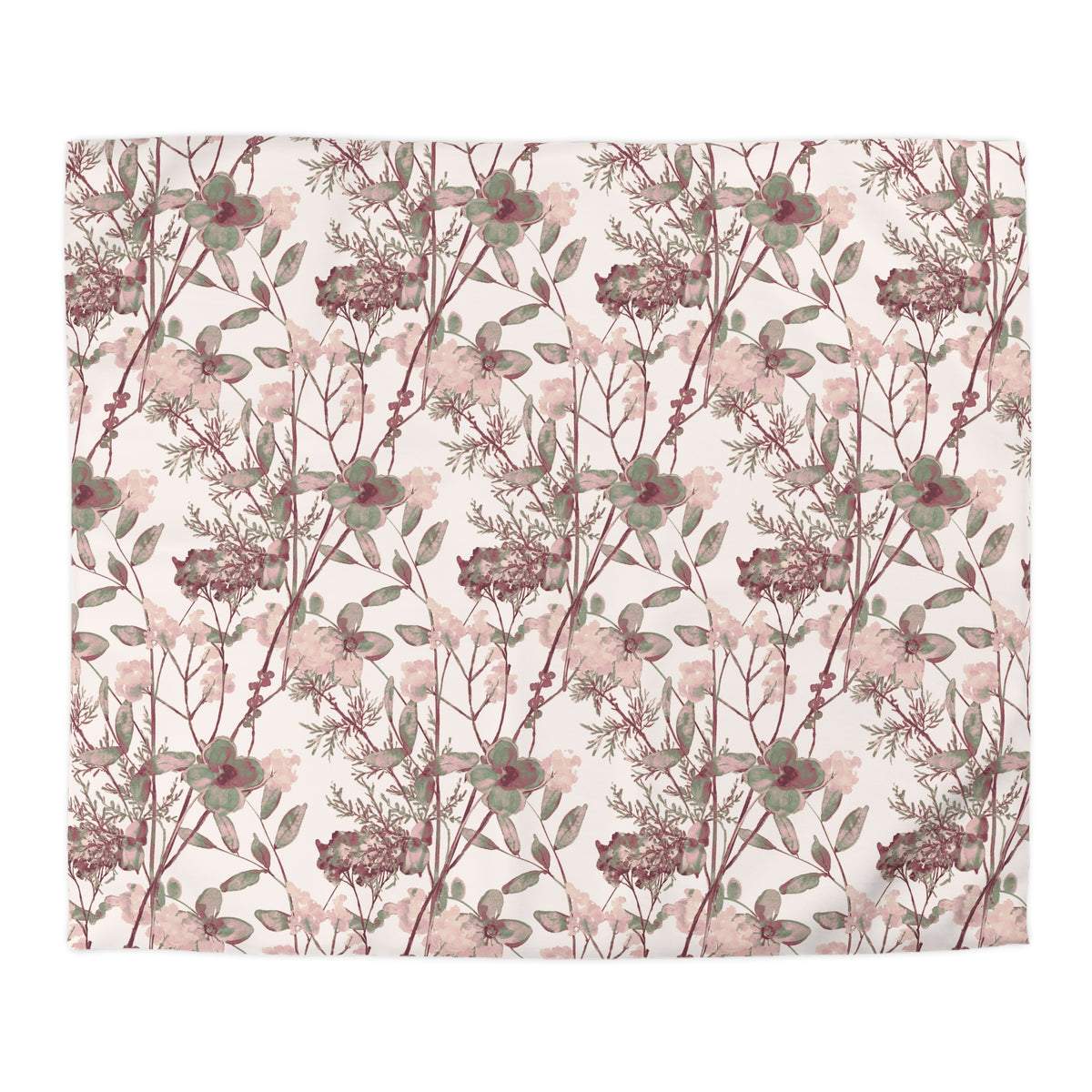 a repeating floral pattern with various shades of pink and green flowers and leaves.