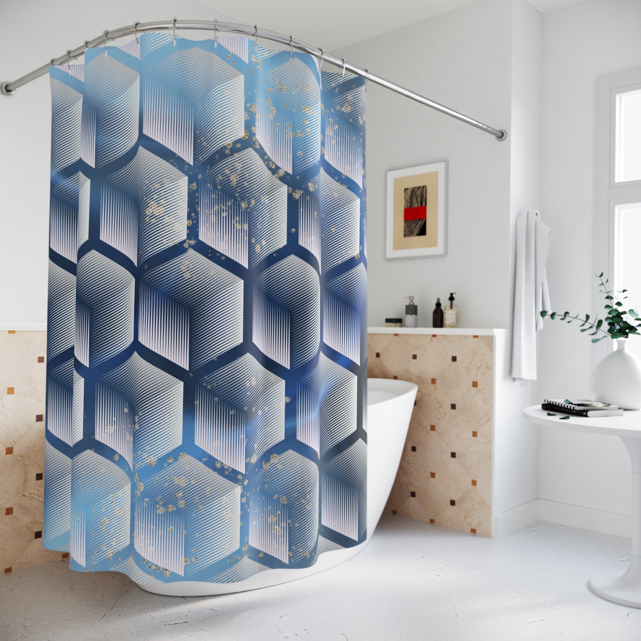 Sapphire blue and white geometric hexagon shower curtain, pattern detail view