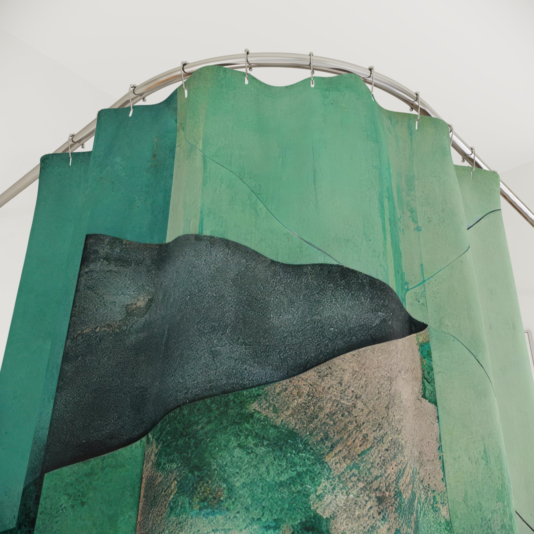 Green Boho Shower Curtain, Bath Mat | Beige Geometric Bathroom Set