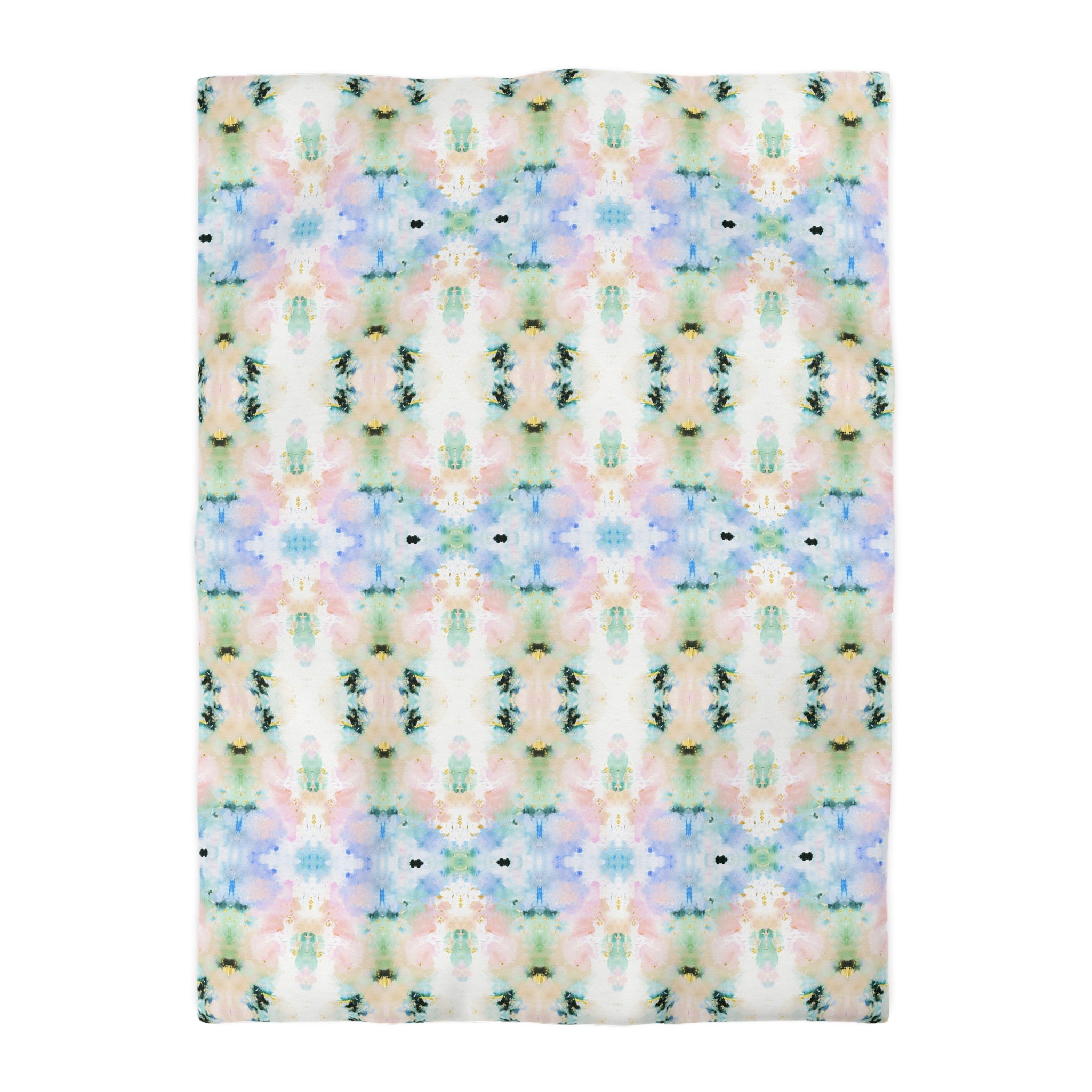 a repeating pattern of a colorful abstract design with various shades of blue, pink, green, and yellow.
