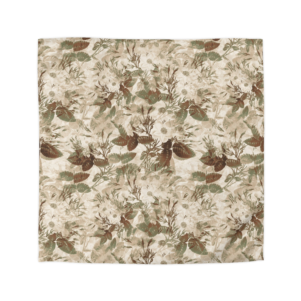 a square-shaped fabric with a repeating pattern of green leaves and brown flowers. The pattern is intricate and detailed, creating a visually appealing design.