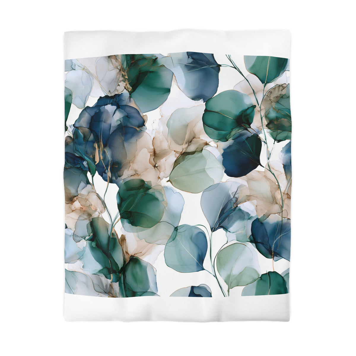 a white shower curtain with blue and green leaves on it
