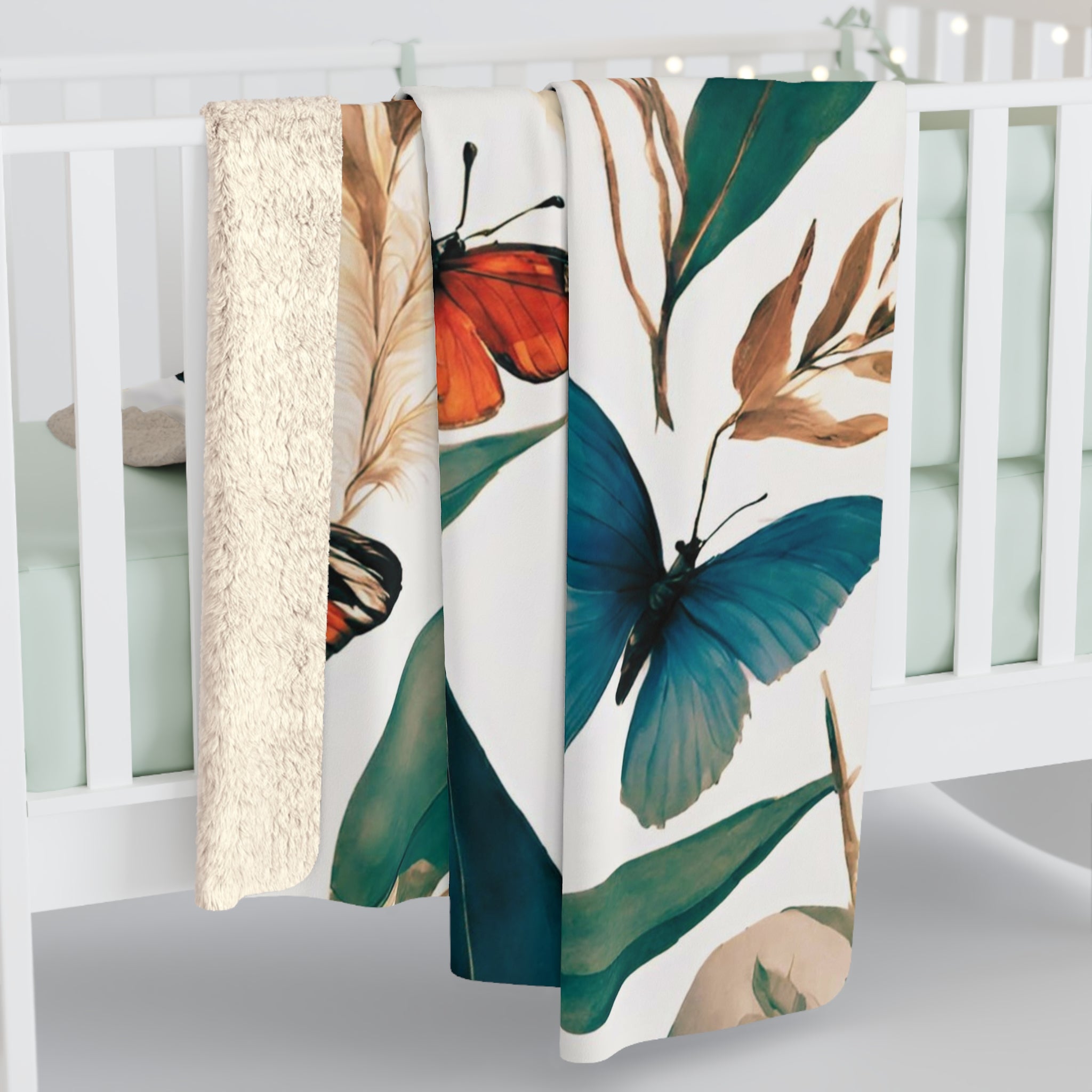 Butterflies Floral Throw Blanket | Green Beige Meadow