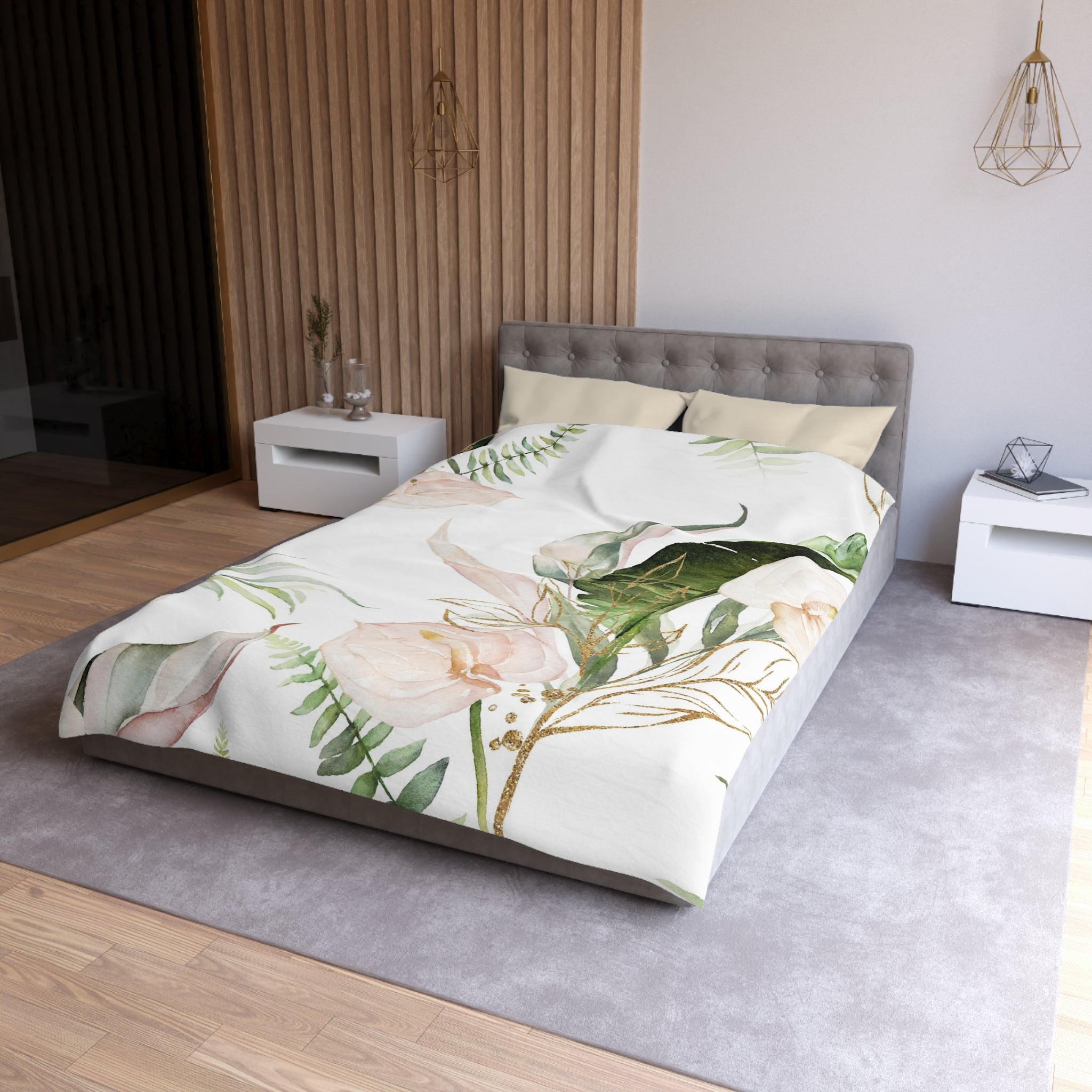 Floral Duvet, Pillow Cover | Green White Anthurium Bedroom Decor