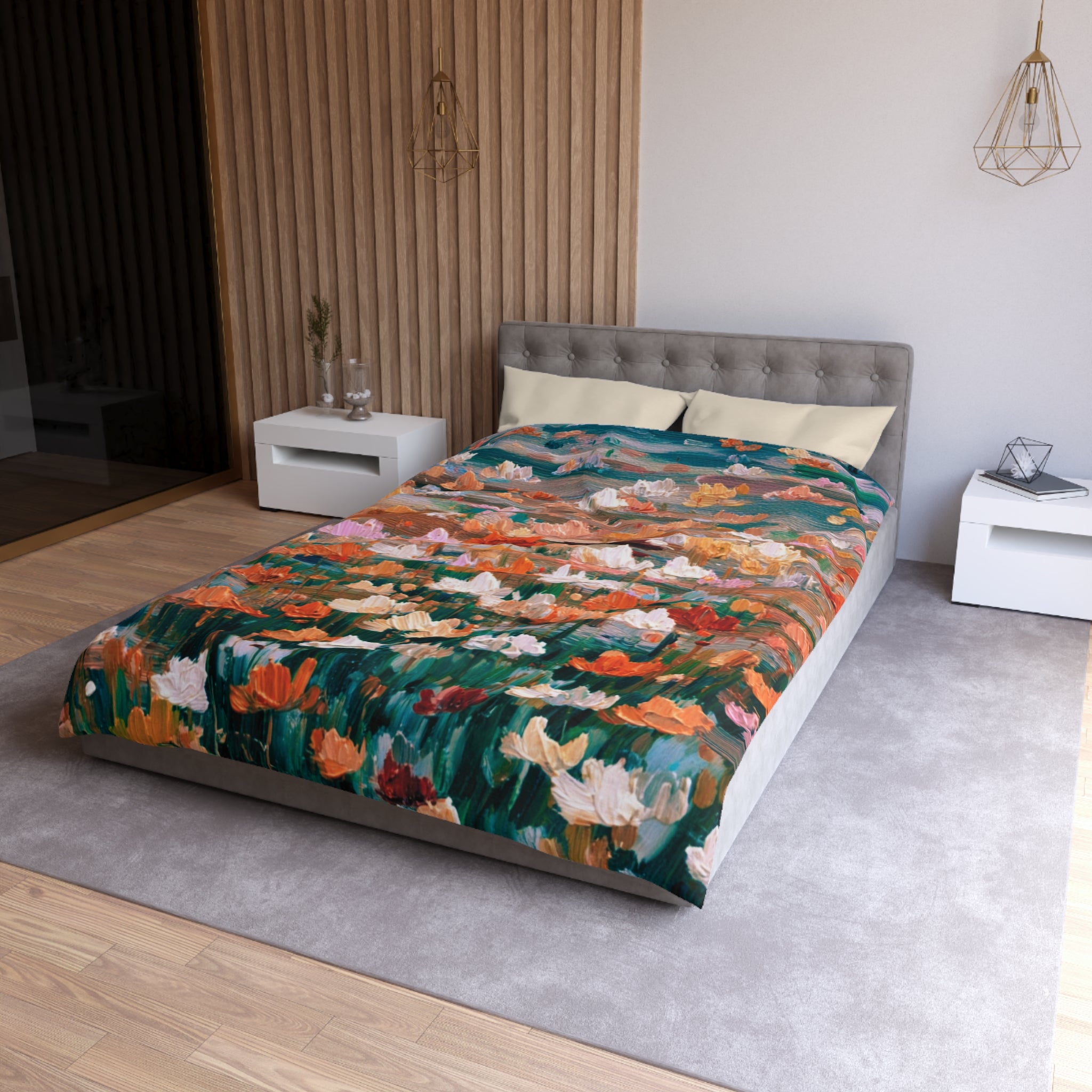 Floral Duvet, Pillow Cover | Orange Green Bedroom Decor