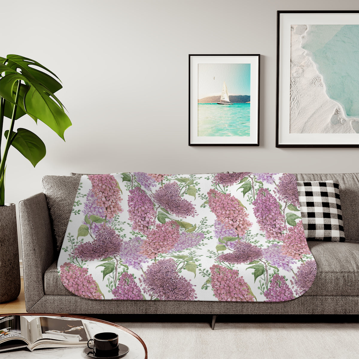 Pink Lavender Watercolor Lilac Sherpa Blanket | Spring Floral Throw