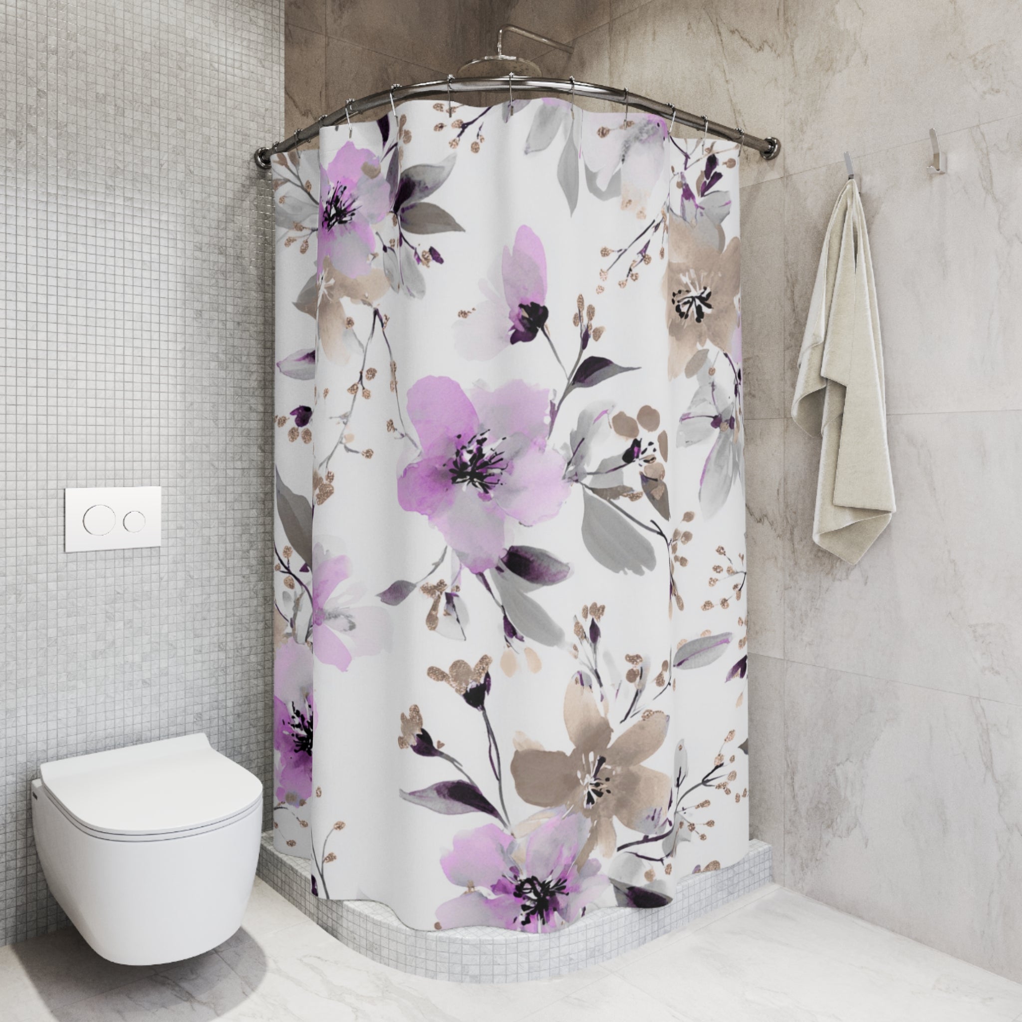 Lavender and Grey Floral Shower Curtain, Bath Mat | Watercolor Botanical Bathroom