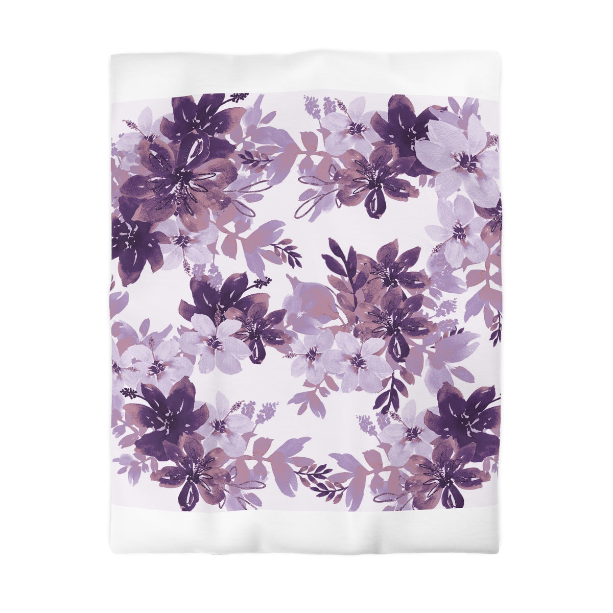 a repeating pattern of purple flowers and leaves on a white background.