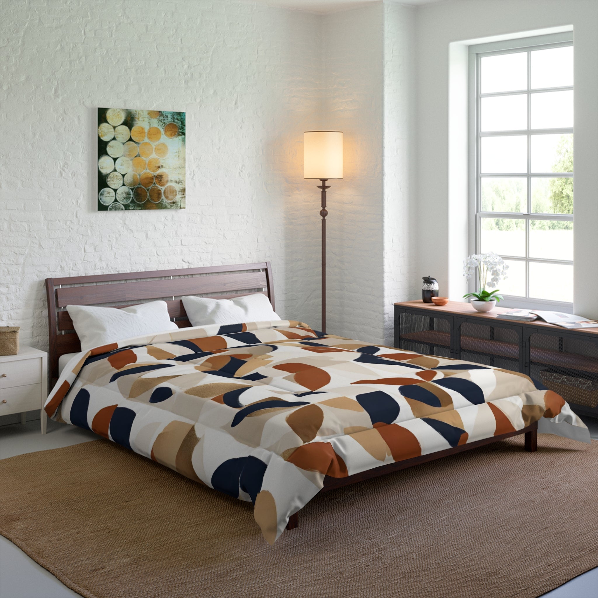 Abstract Comforter | Geometric, Navy Blue, Rust, Beige Gold