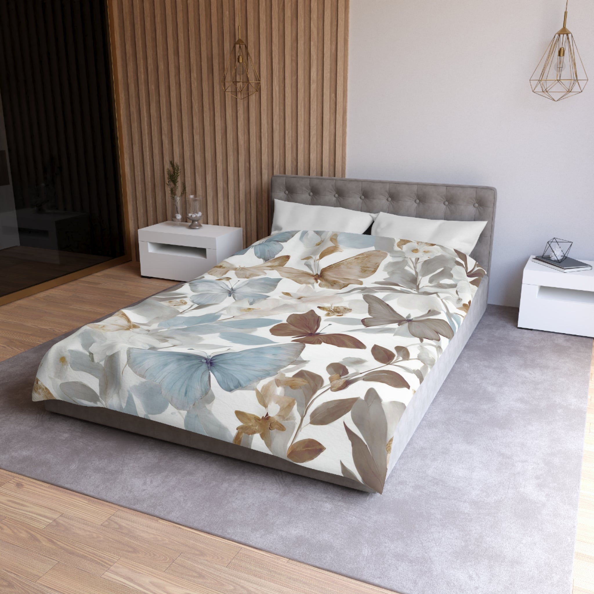 a modern bedroom with a large bed featuring a floral print comforter and pillows. The bed is positioned against a wall with a wooden panel design. The room also includes a nightstand and a pendant light fixture, creating a cozy and stylish atmosphere.