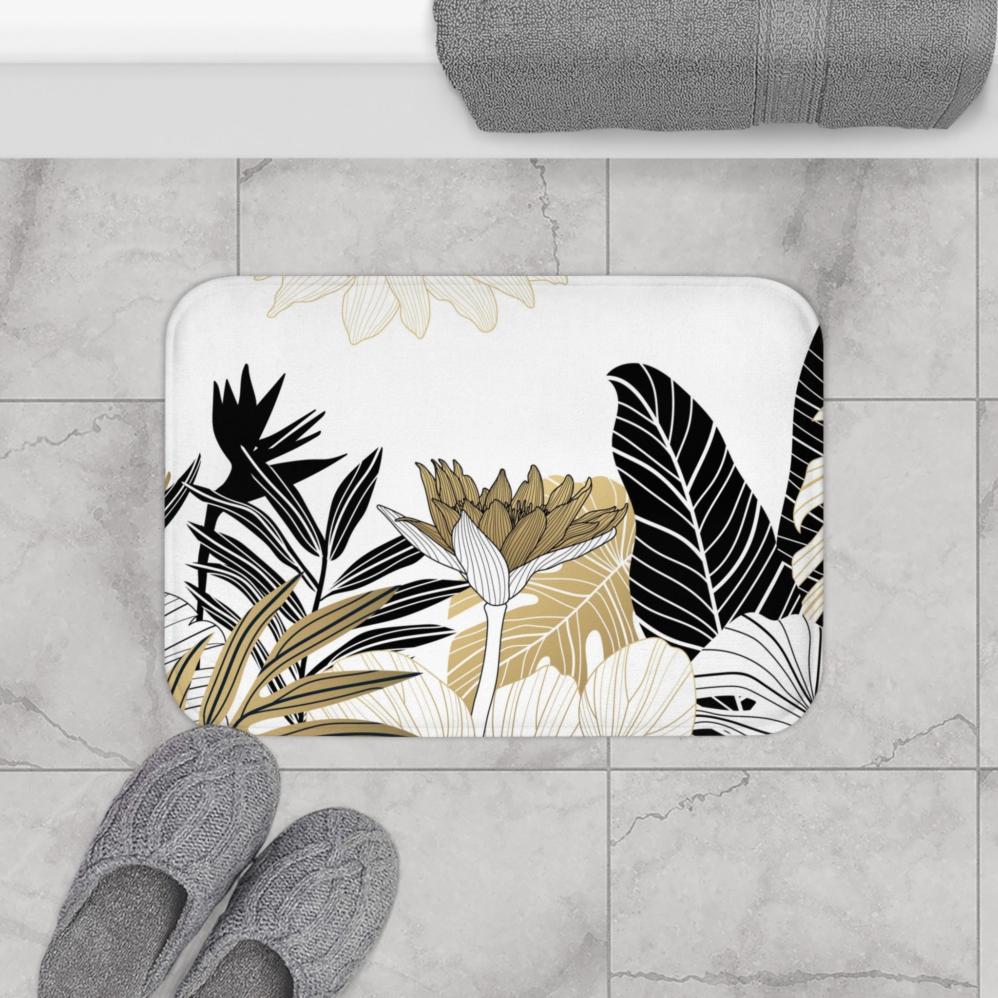 Abstract Boho Floral Bath Mat | White Black, Beige Jungle Leaves Kitchen Mat