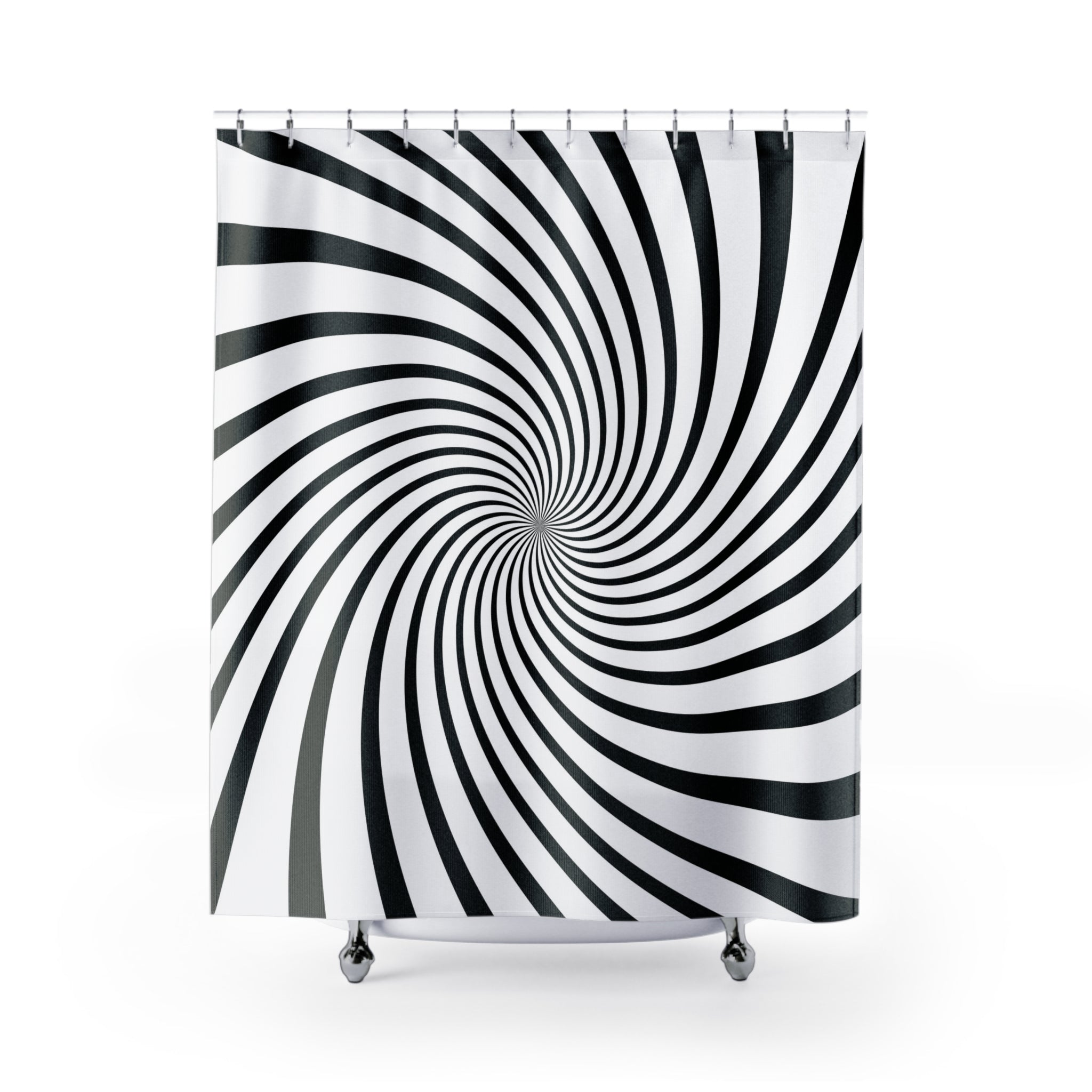 a modern black and white shower curtain with a spiral design