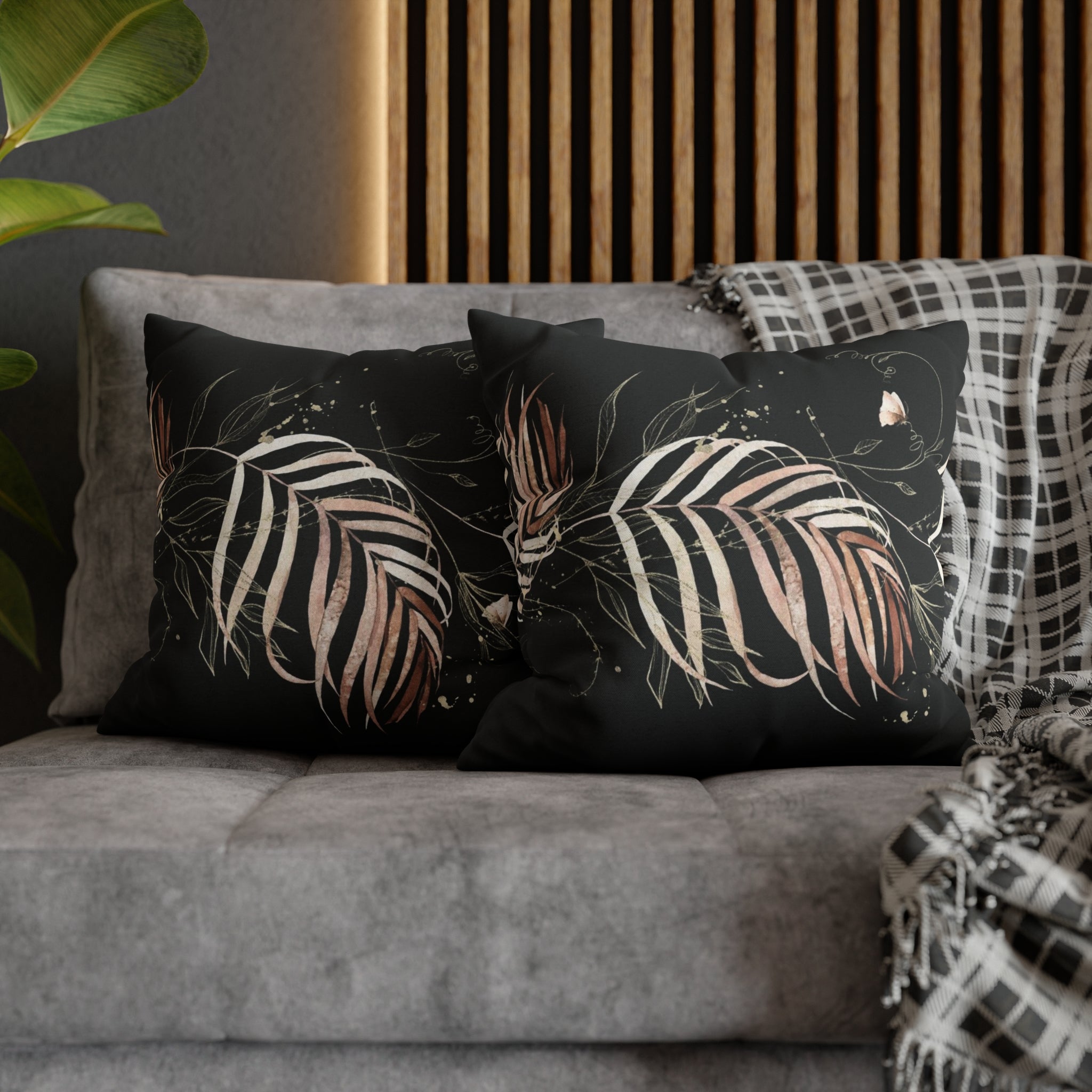 Black Floral Pillow Cover | Beige Leaves