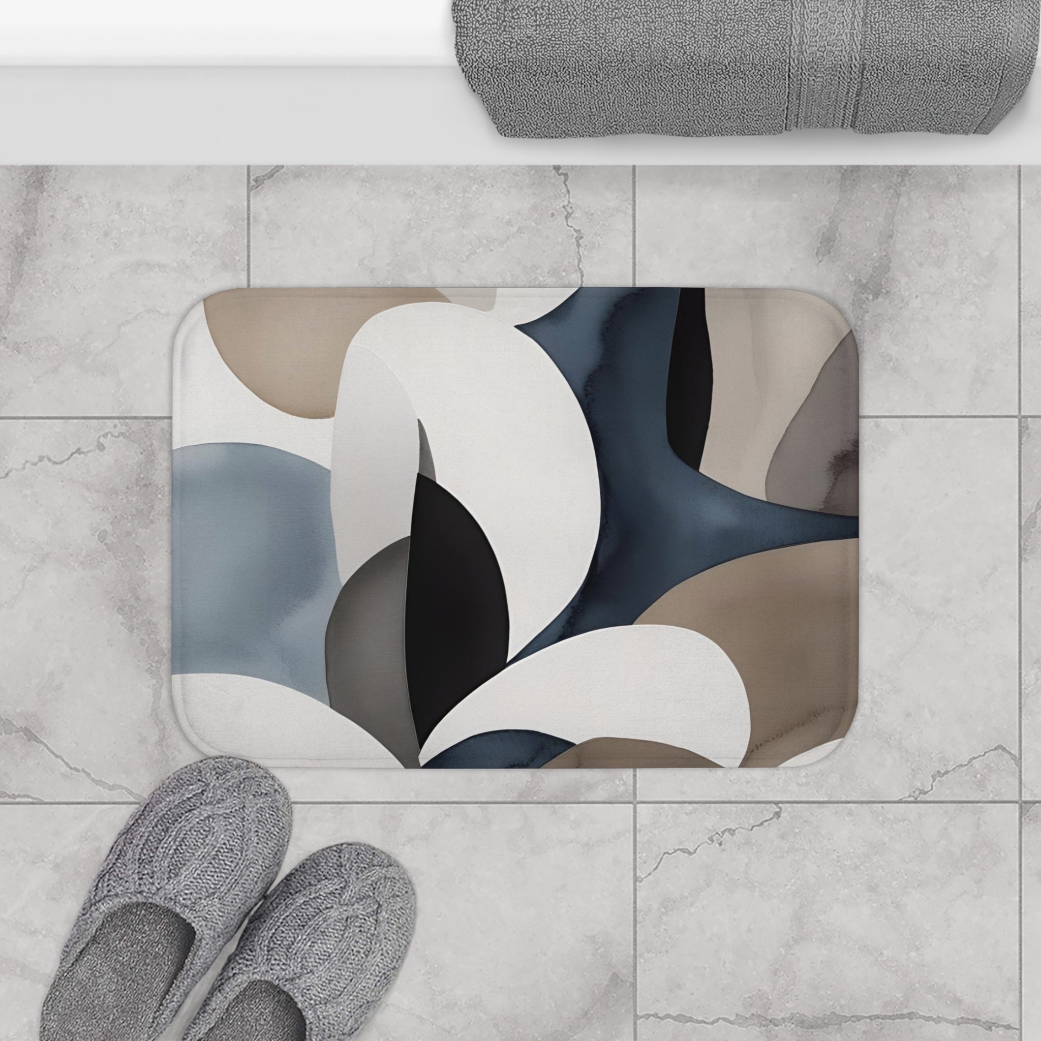 Abstract Bath Mat | Navy Blue, Taupe White Kitchen Mat