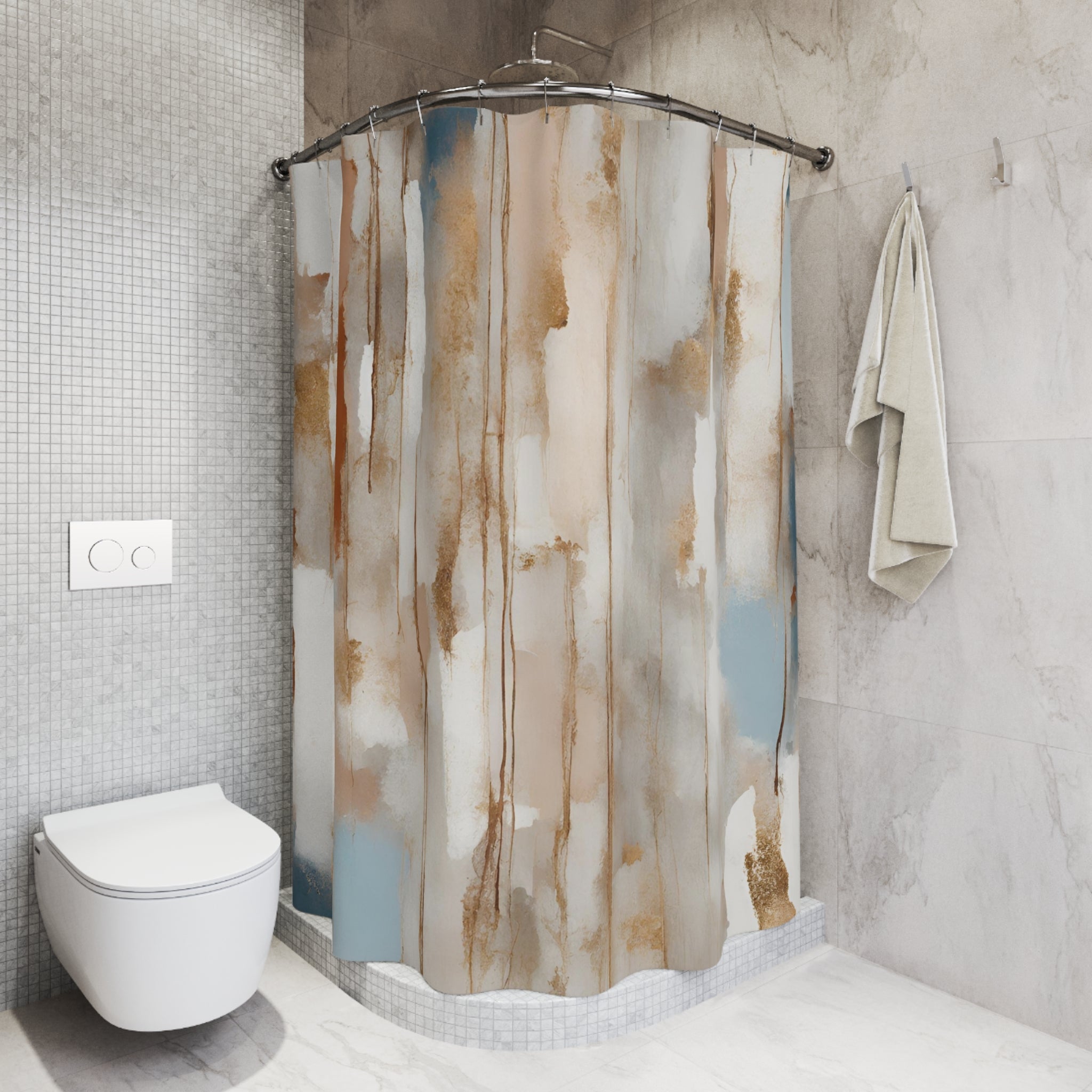 Boho Shower Curtain | White Blush Blue, Beige Rust Grey Watercolor