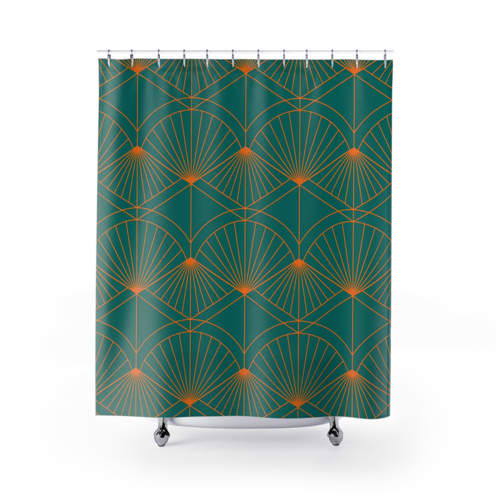 Order Art Deco Shower Curtain | Geometric Print | Vintage Bathroom Accessory | Forest Green & Gold Abstract Fan Pattern | Art Nouveau Curtain