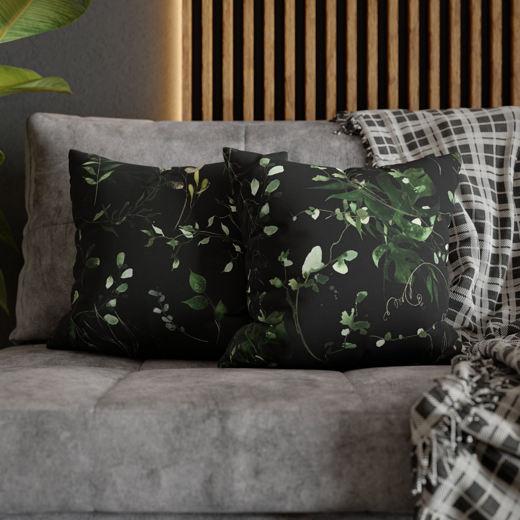 Black Floral Pillow Cover | Beige Sage Green Leaves