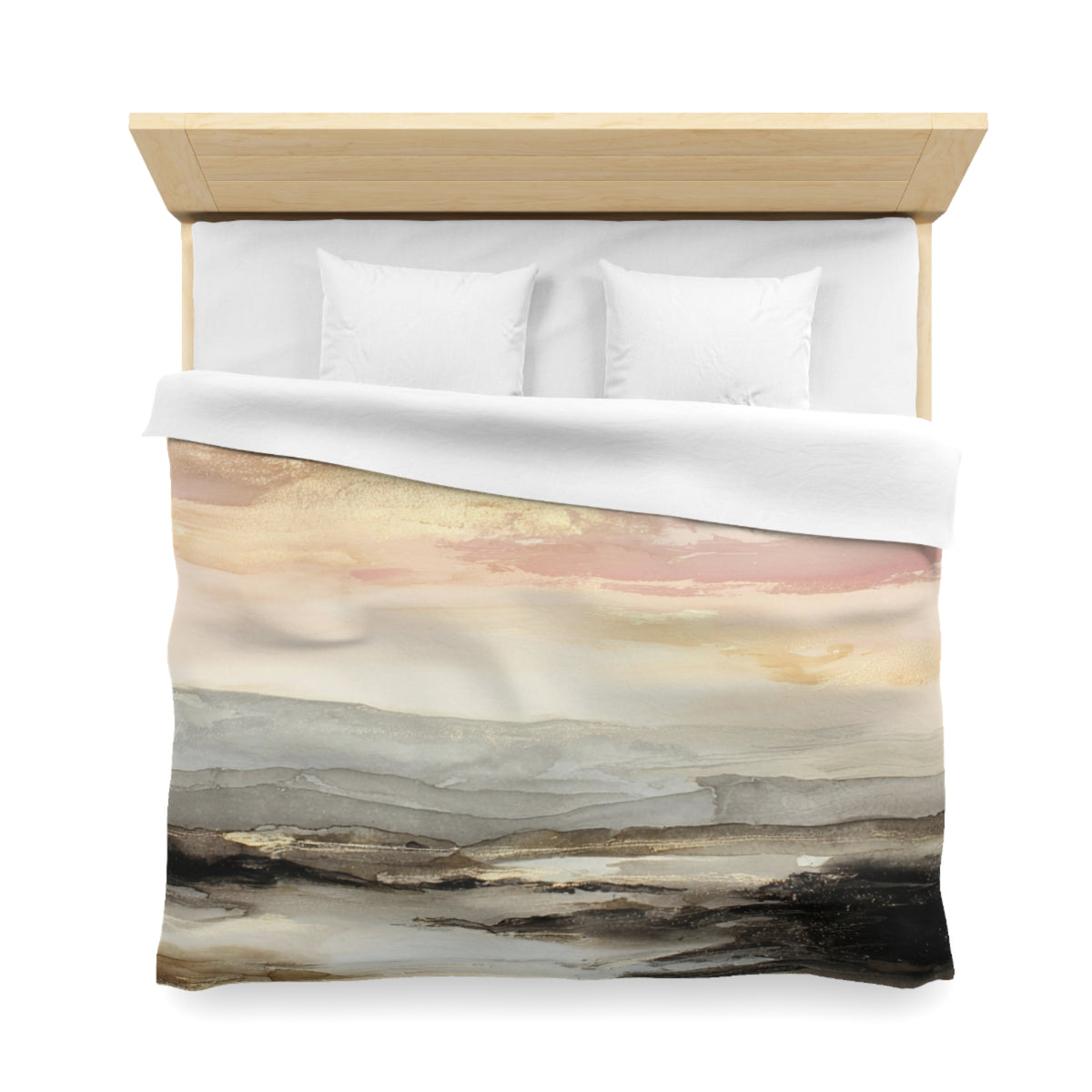 a neatly made bed with a white comforter and pillows. The bed has a wooden headboard and a colorful abstract painting or print on the comforter.