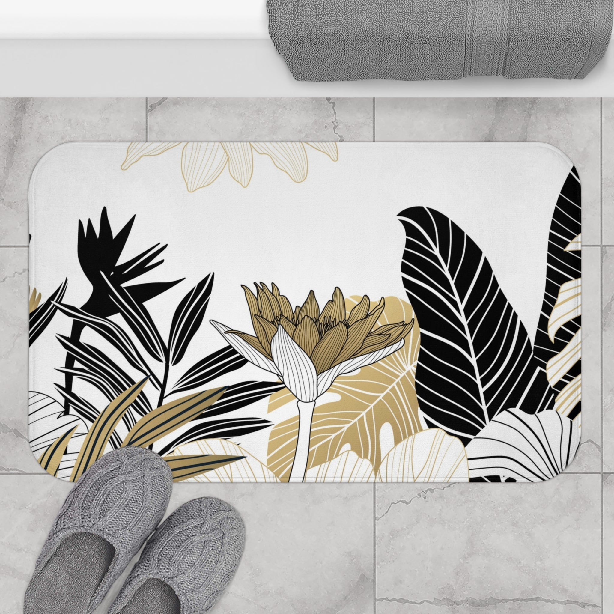 Abstract Boho Floral Bath Mat | White Black, Beige Jungle Leaves Kitchen Mat
