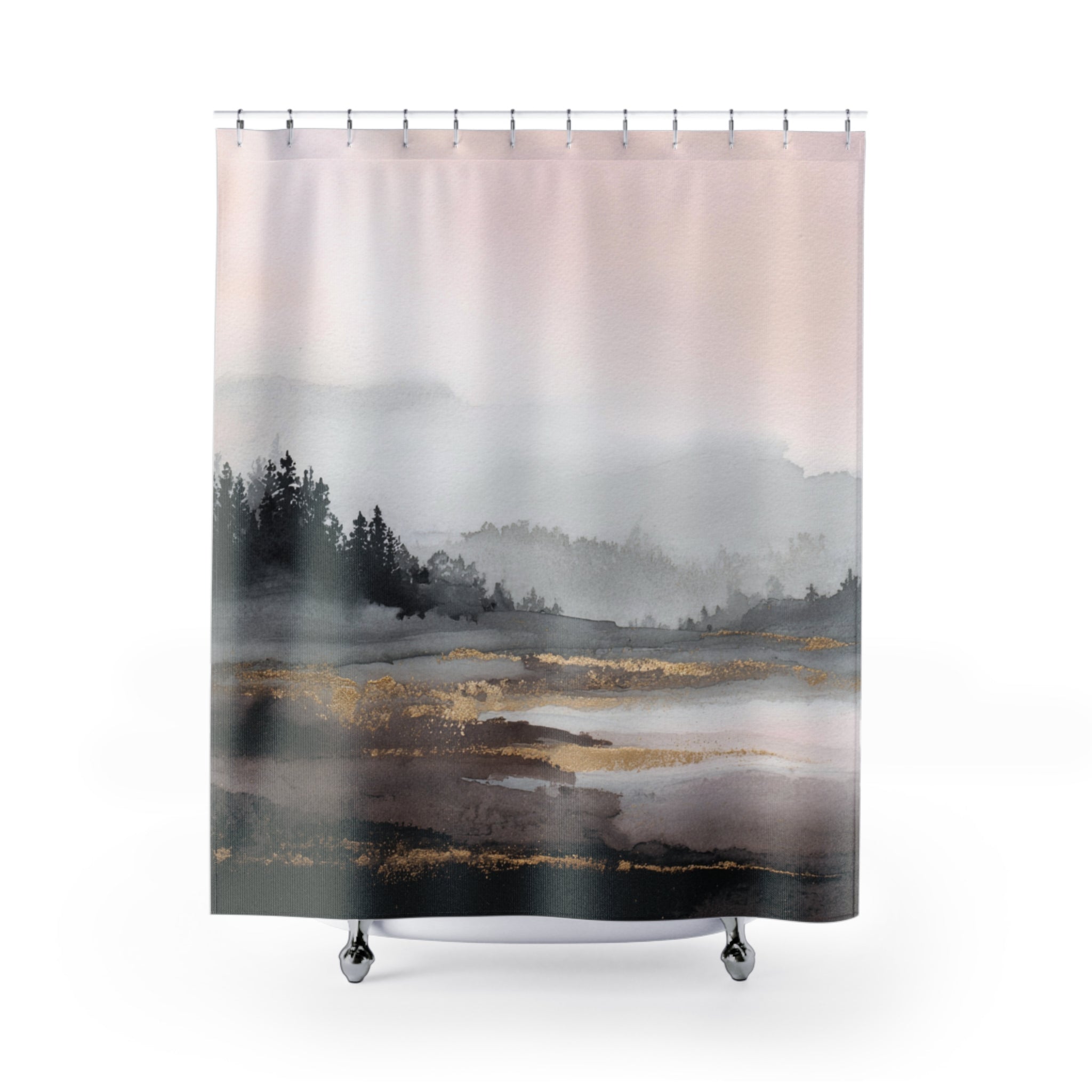 Landscape Shower Curtain | Nature Dark Grey, Blush Abstract Art