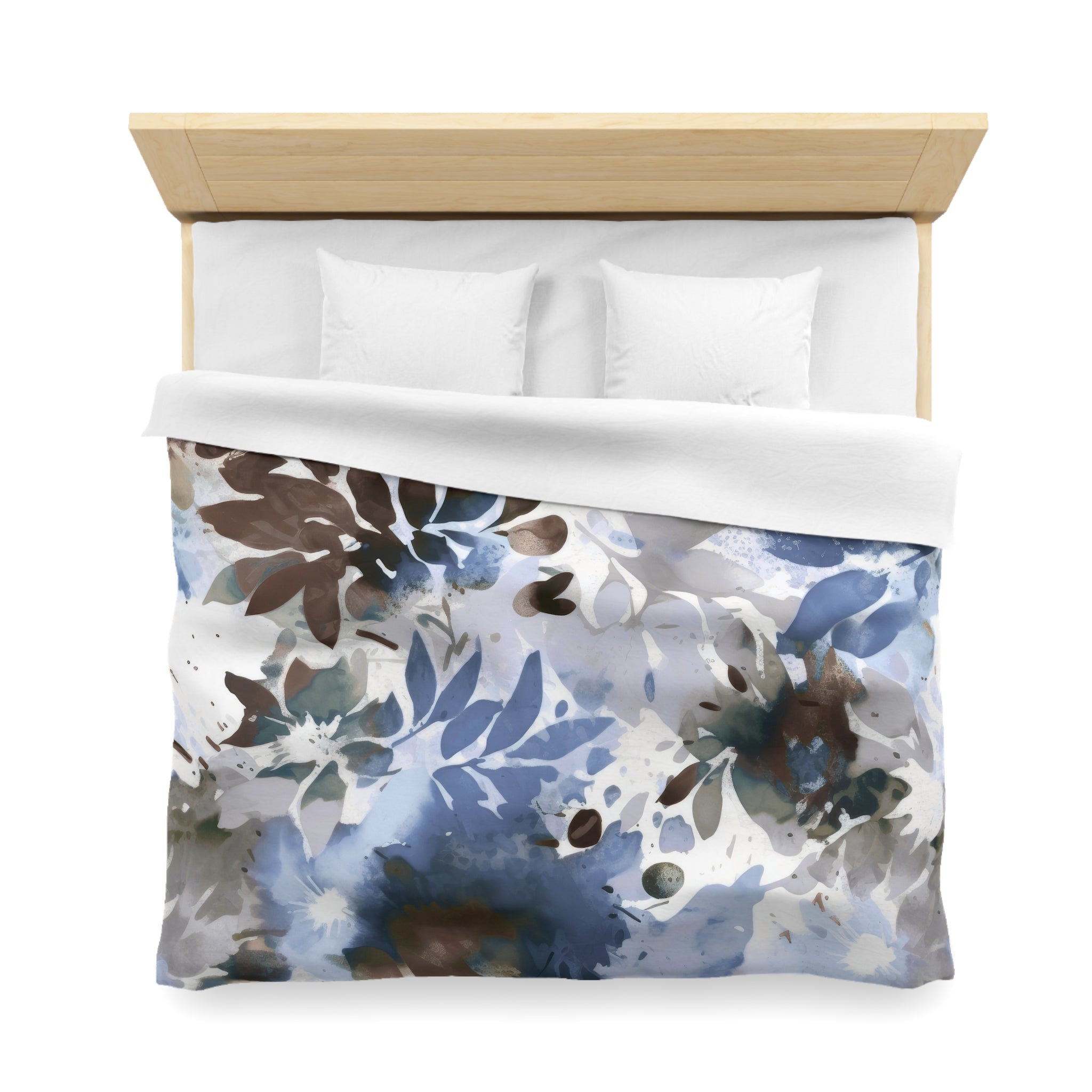 Floral Duvet, Pillow Cover | Brown Blue White Leaves Bedroom Decor