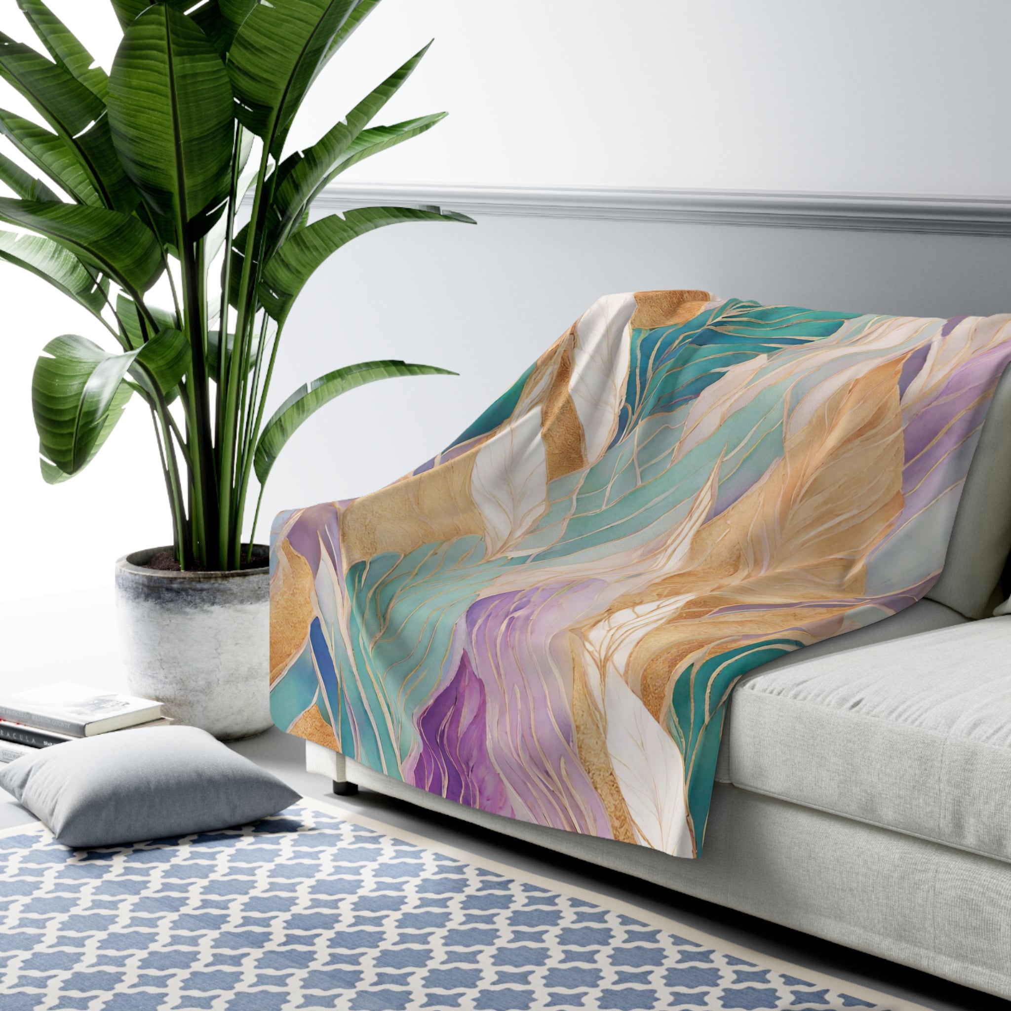 Floral Throw Blanket | Teal Green, Beige Lavender Pink