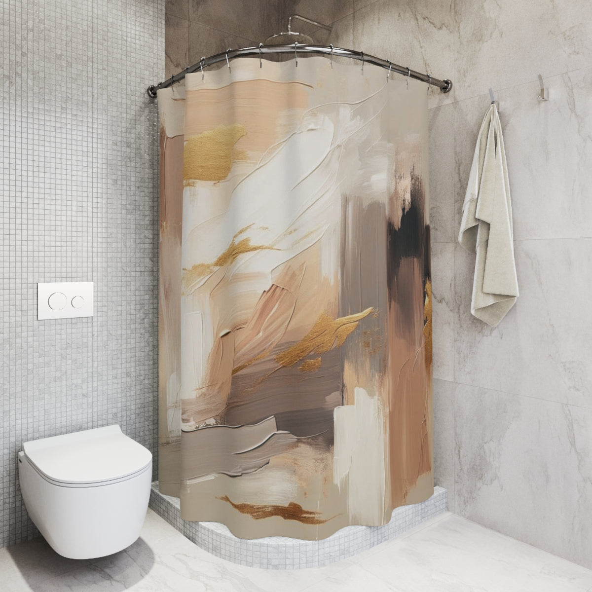 a modern bathroom with a shower curtain featuring an abstract painting design in shades of brown and beige. The bathroom also includes a toilet and towel rack.