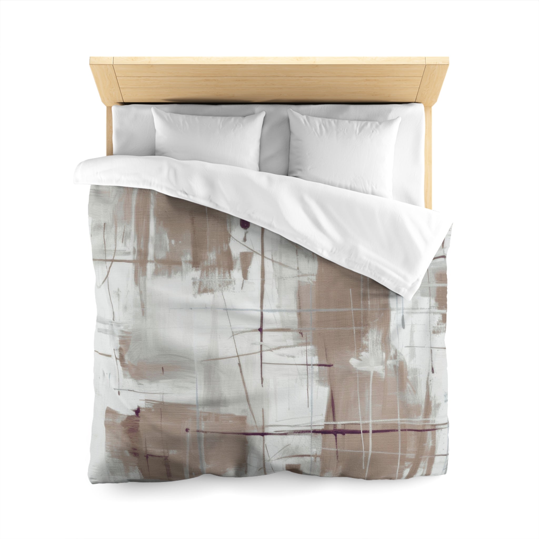 a bed with a wooden headboard and a white comforter featuring an abstract painting design in shades of gray and brown.
