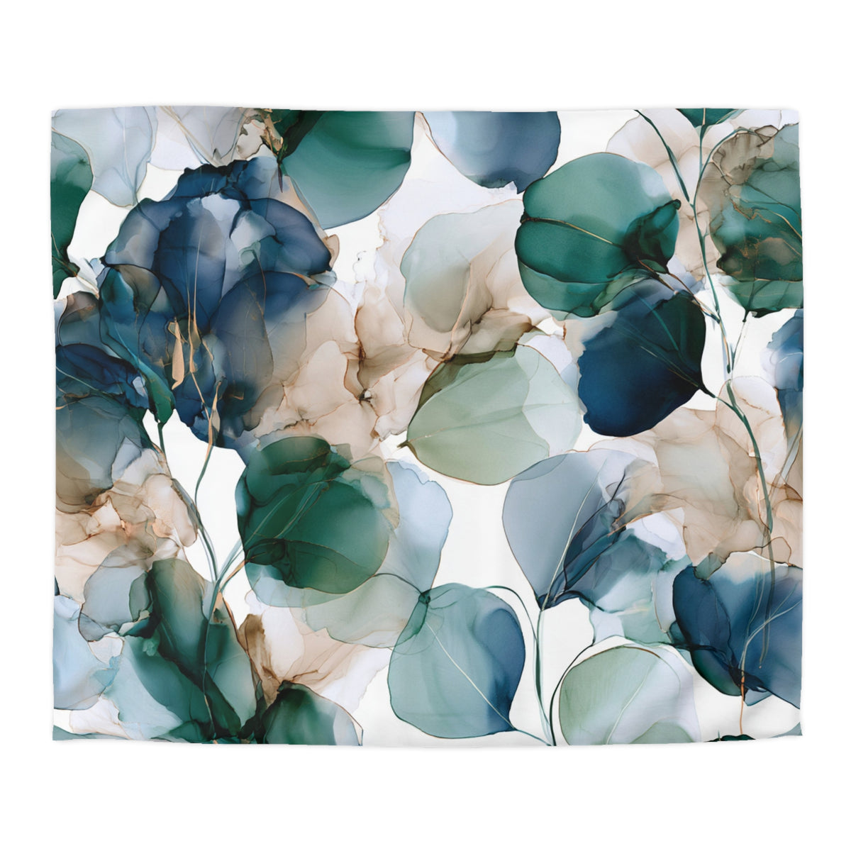 a blue and green painting of leaves on a white background