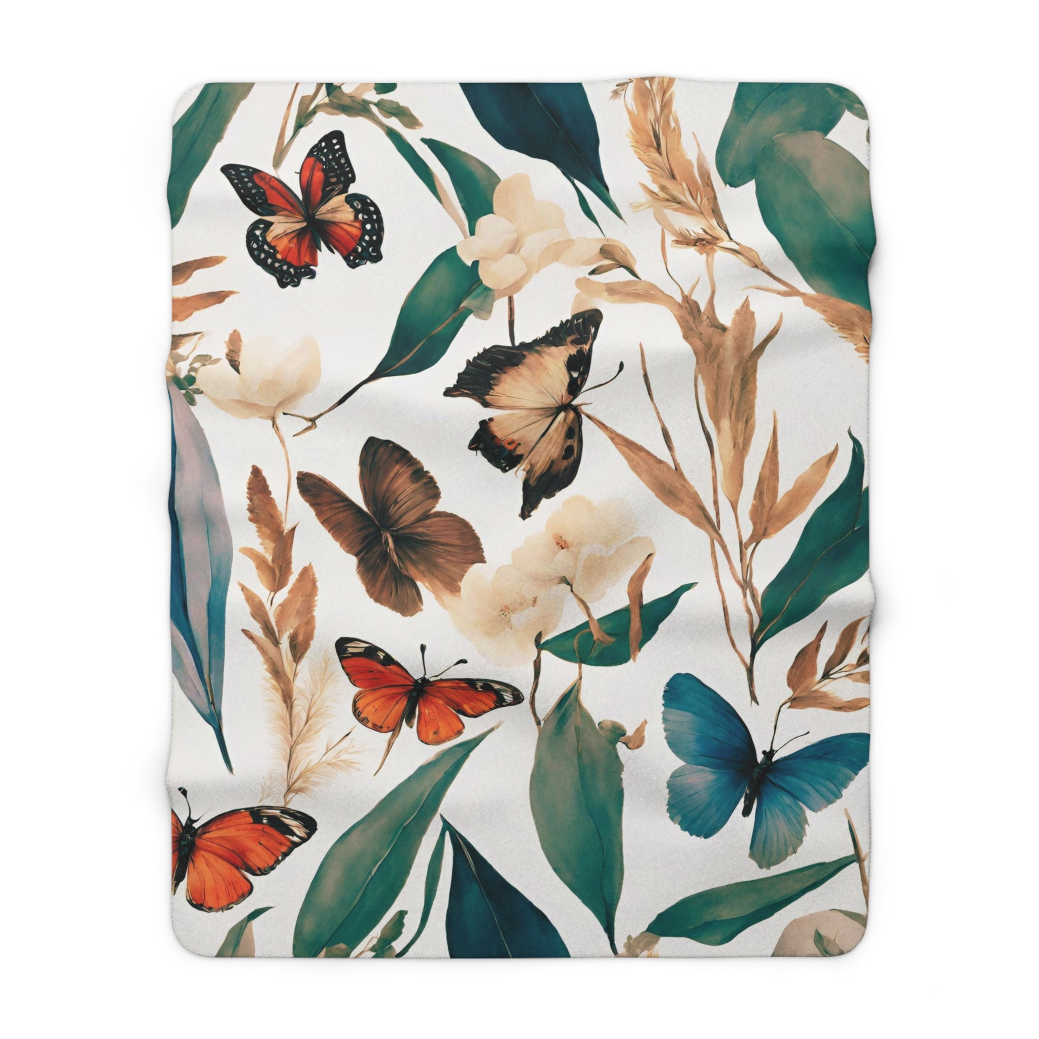 Butterflies Floral Throw Blanket | Green Beige Meadow