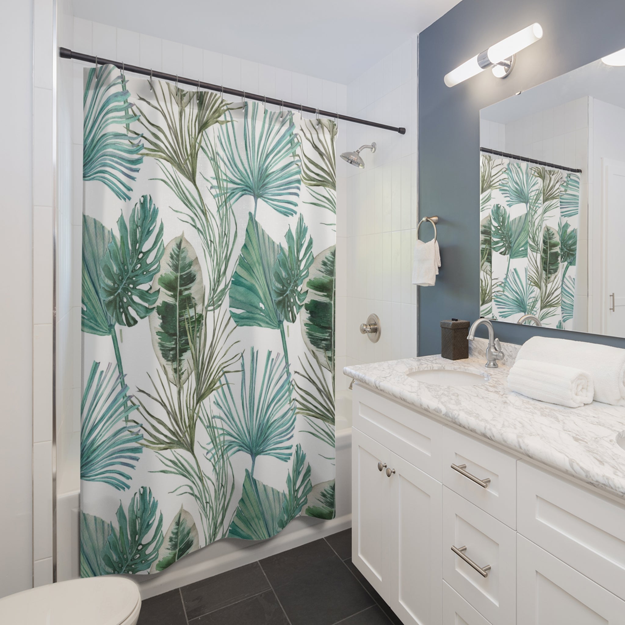 Boho Floral Shower Curtain | White Sage, Teal Green Jungle Leaves