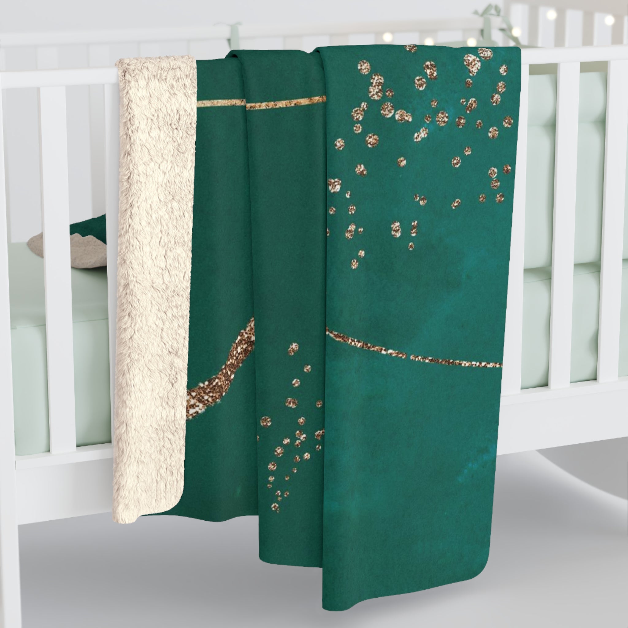 Abstract Boho Couch, Fleece Throw Blanket | Modern Green, Muted Gold Watercolor